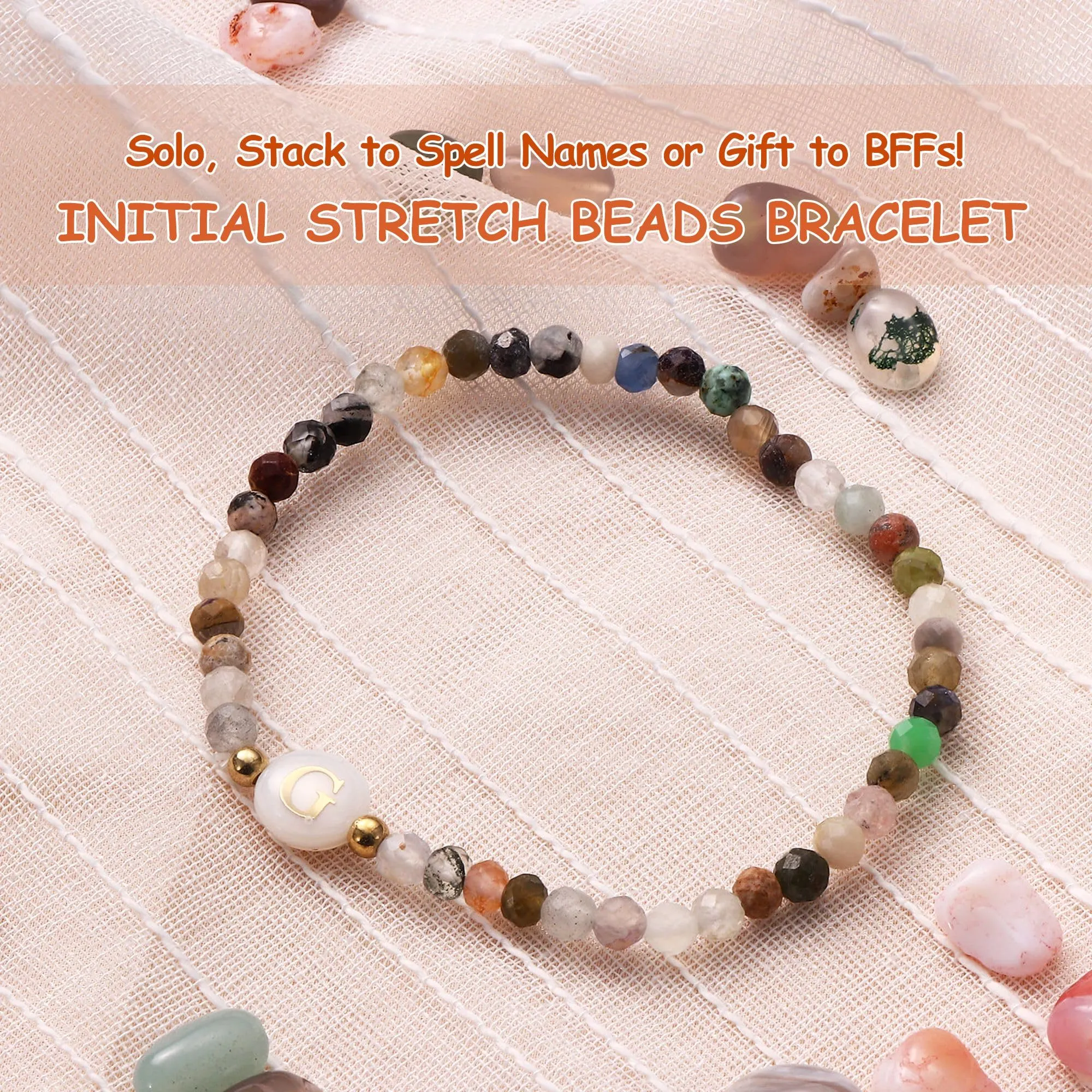 BodyBonita Braccialetti con Iniziale G in Pietra Naturale e Madreperla Sintetica, Elastico, 16,5 cm - immagine 2
