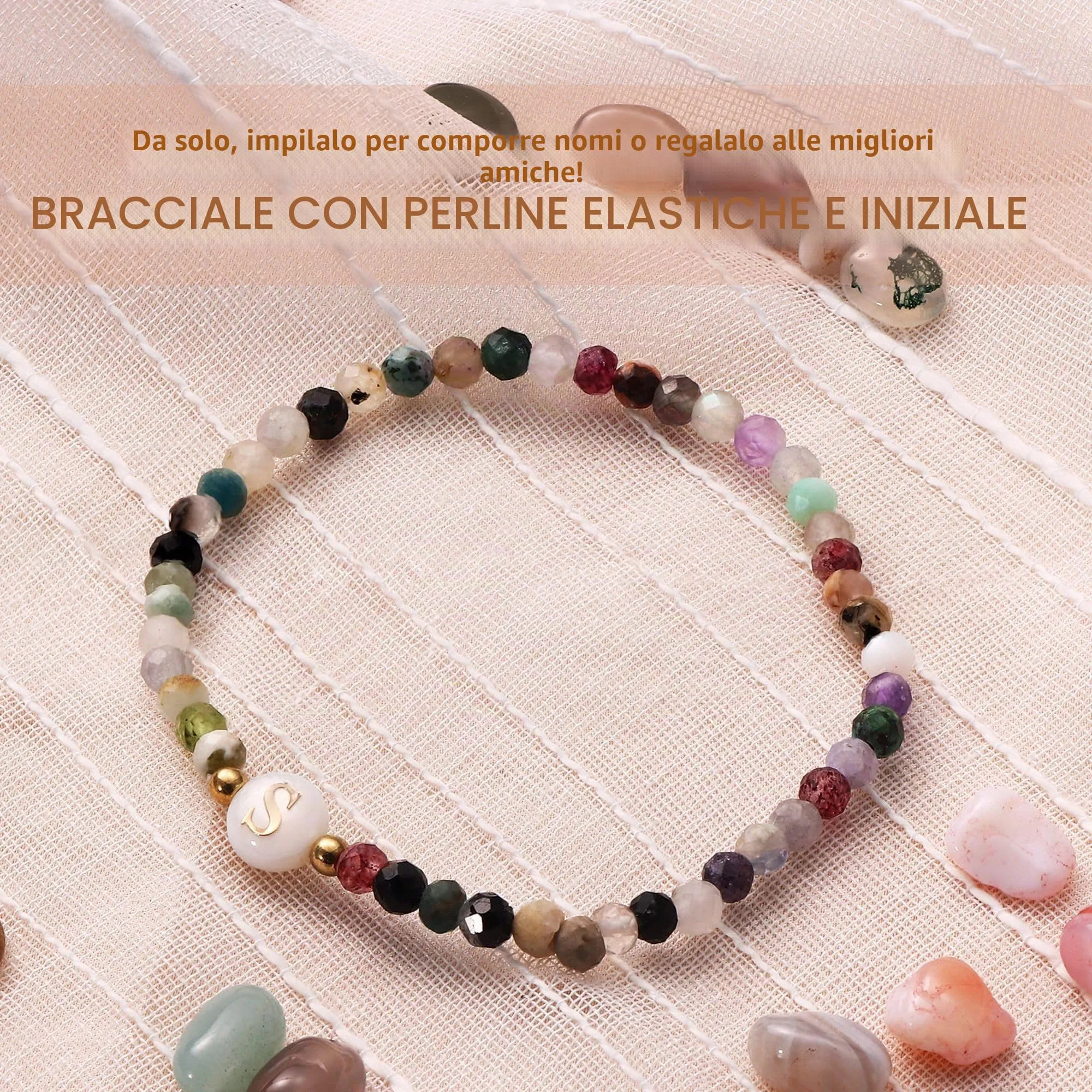 BodyBonita Braccialetti con Iniziale S in Pietra Naturale e Madreperla Sintetica, Elastico, 16,5 cm - immagine 2