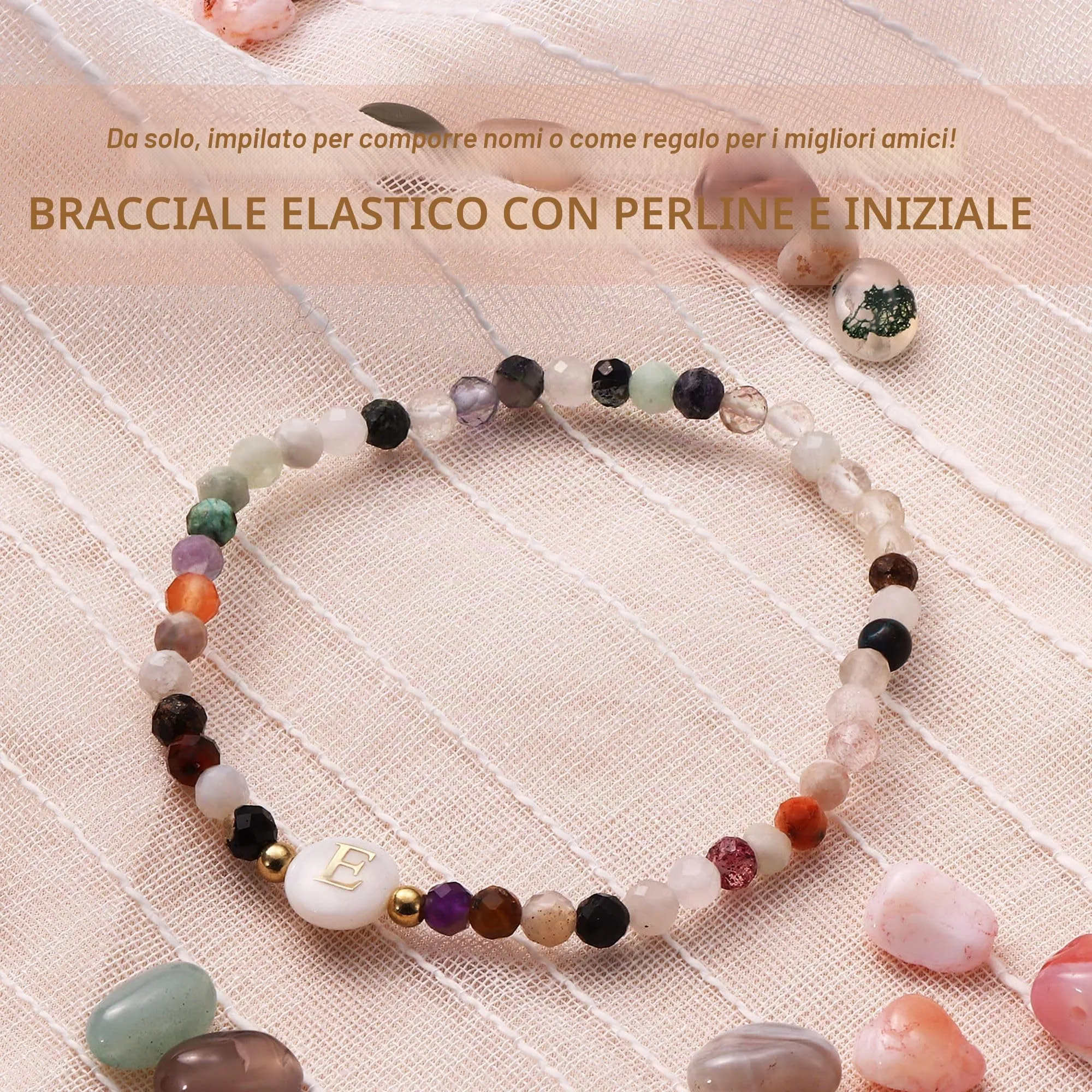 BodyBonita Braccialetti con Iniziale in Pietra Naturale e Madreperla Sintetica, Elastico, Lettera E per Donna e Uomo - immagine 2