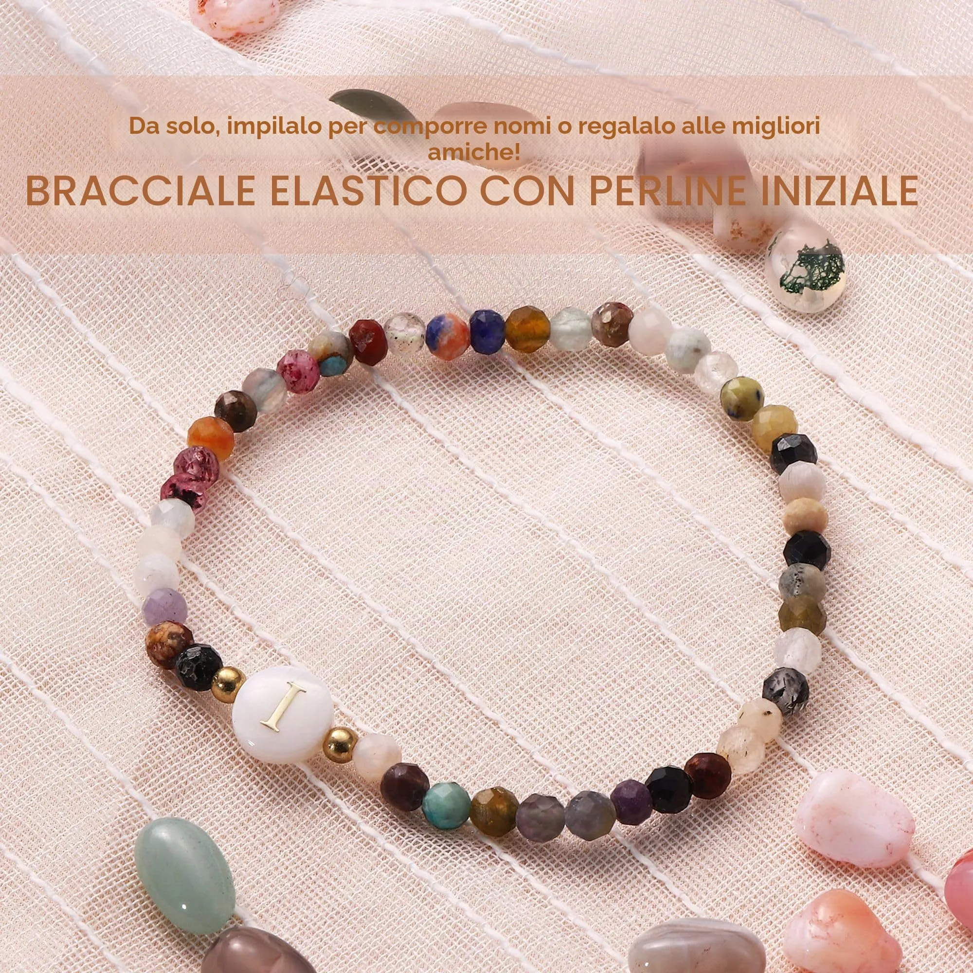 BodyBonita Braccialetti con Iniziale I in Pietra Naturale e Madreperla Sintetica, Elastico, 16,5 cm - immagine 2