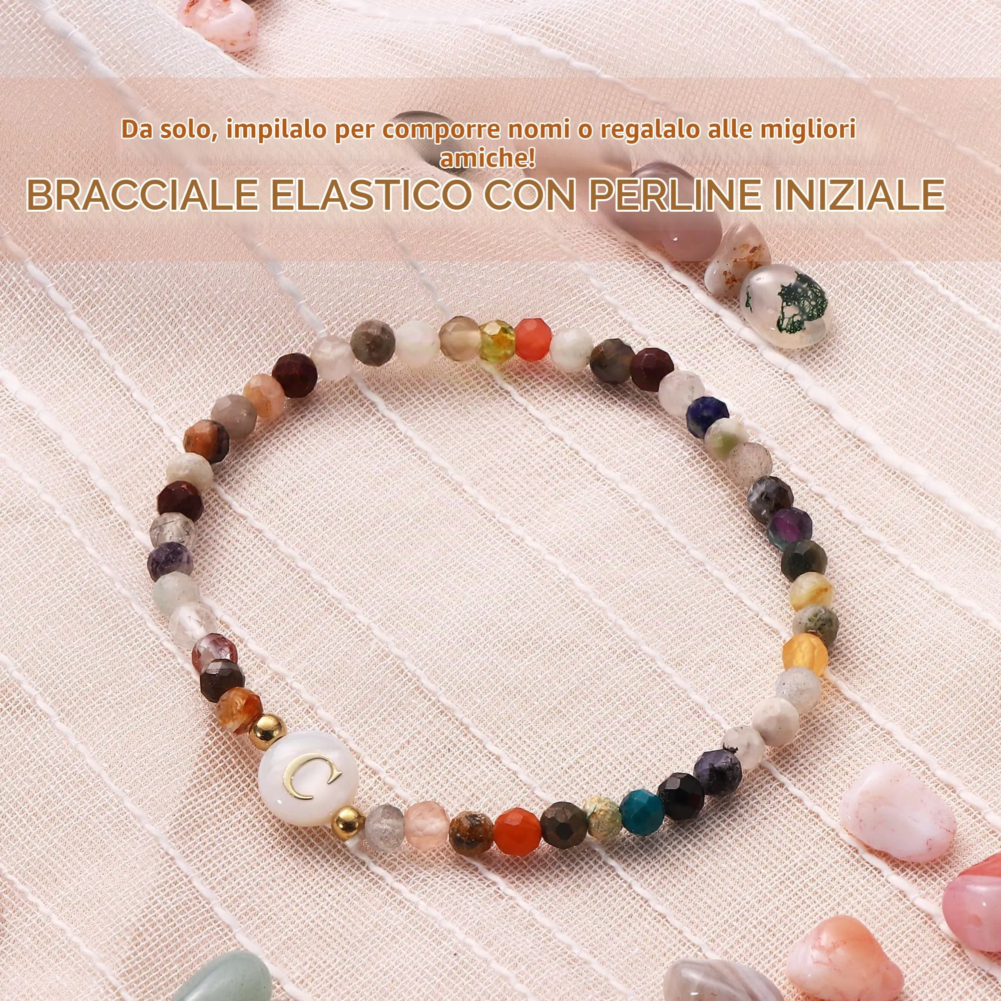 BodyBonita Braccialetti con Iniziale C in Pietra Naturale e Madreperla Sintetica, Elastico, 16,5 cm - immagine 2