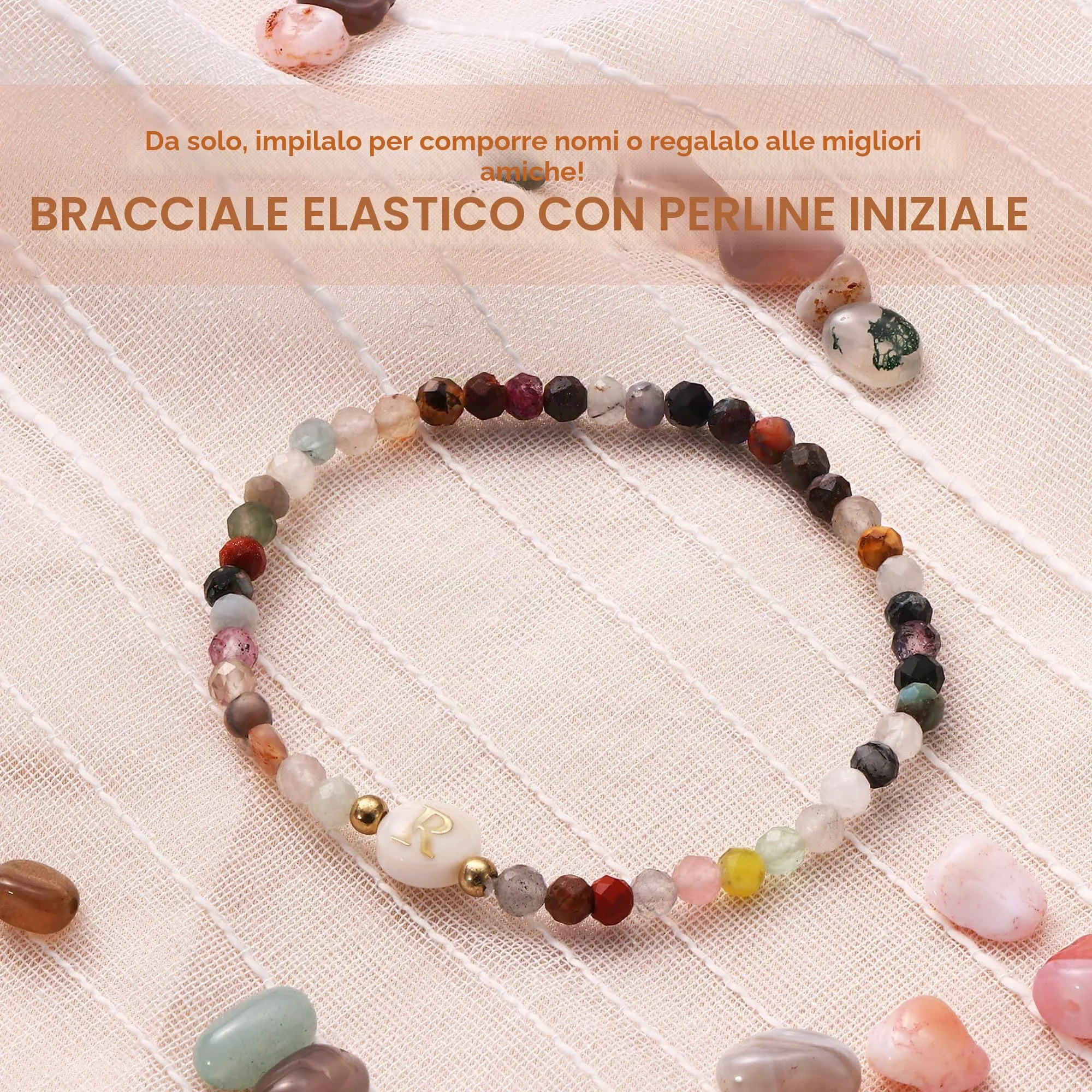 BodyBonita Braccialetto con Iniziale R in Pietra Naturale e Madreperla Sintetica, Elastico, 16,5 cm - immagine 2