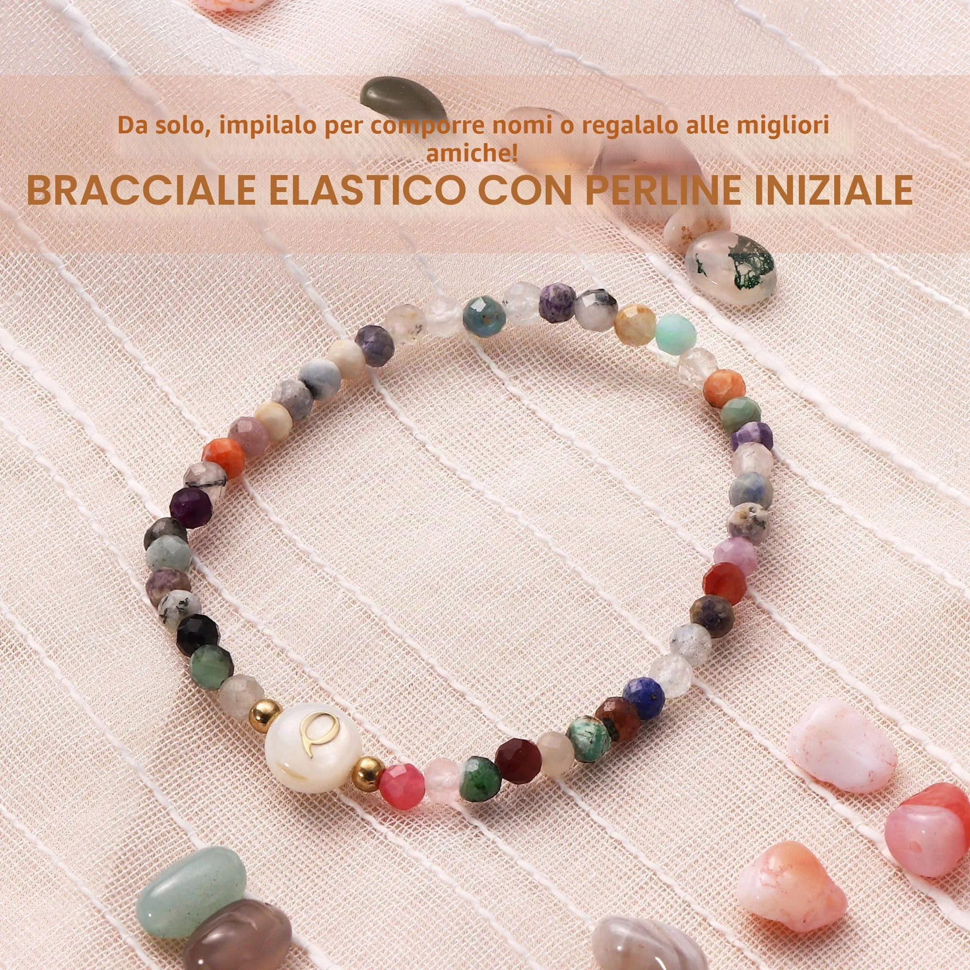 BodyBonita Braccialetti con Iniziale Q in Pietra Naturale e Madreperla Sintetica, Elastico per Donna e Uomo - immagine 2