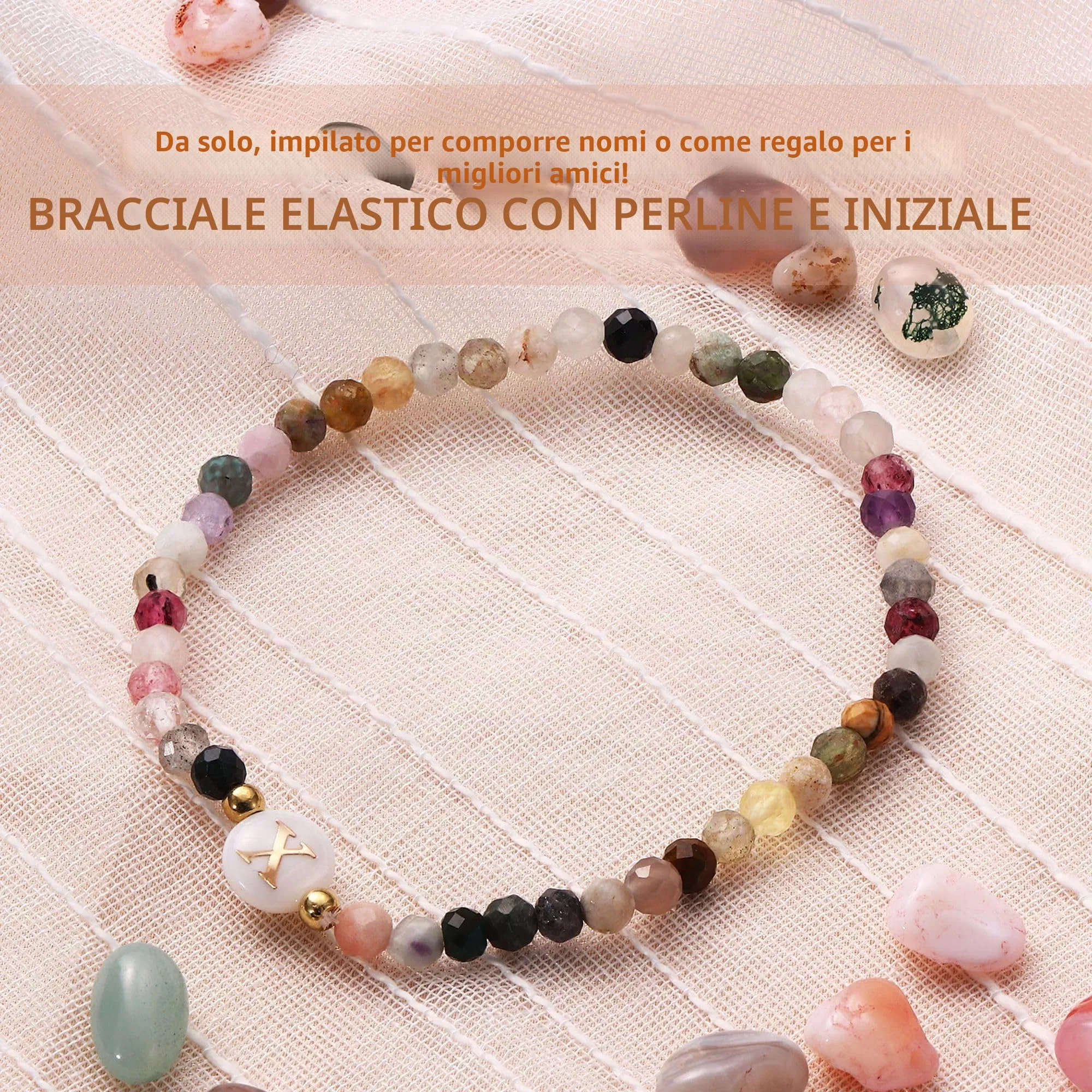 BodyBonita Braccialetti con Iniziale X in Pietra Naturale e Madreperla Sintetica, Elastico, 16,5 cm - immagine 2