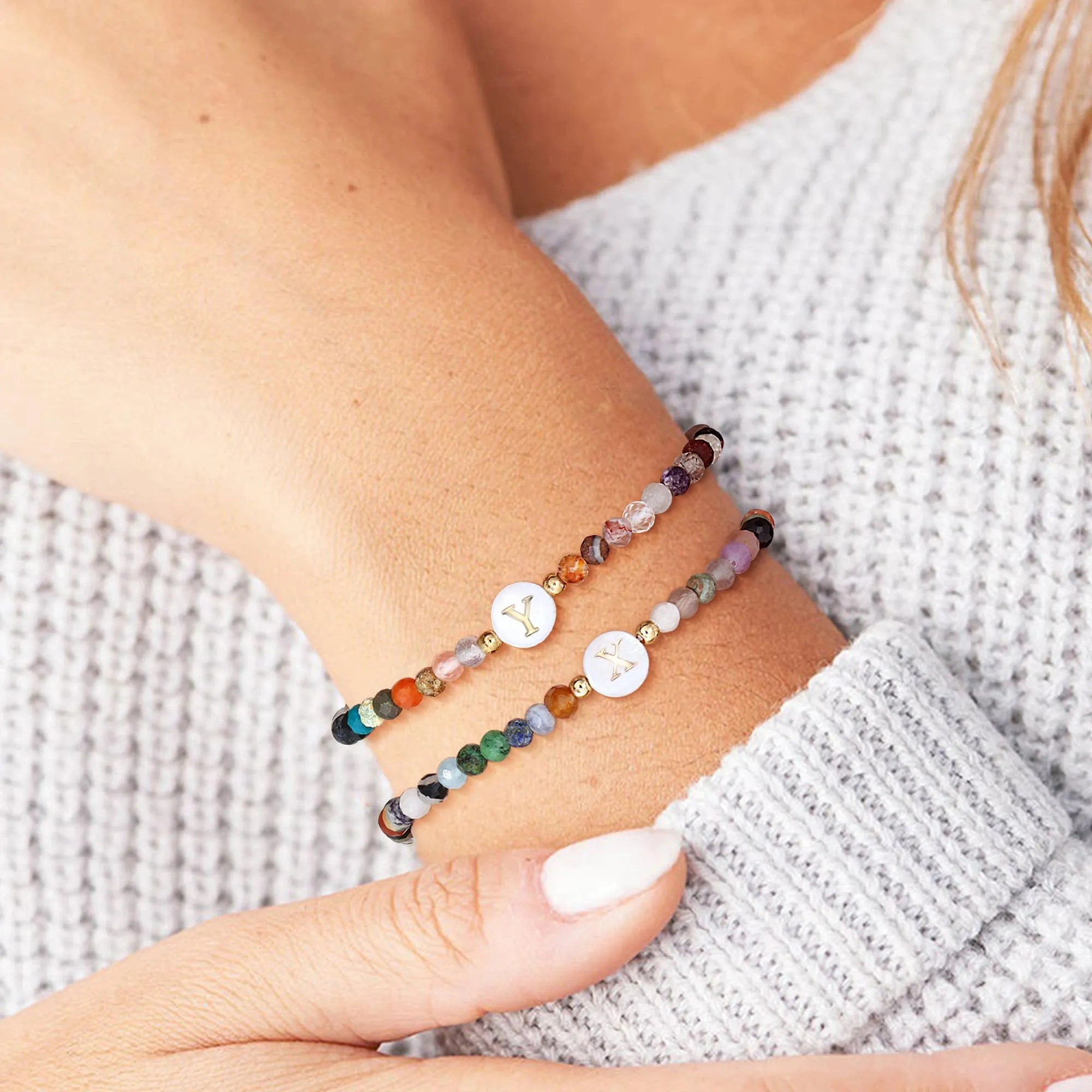 BodyBonita Braccialetti con Iniziale X in Pietra Naturale e Madreperla Sintetica, Elastico, 16,5 cm - immagine 5