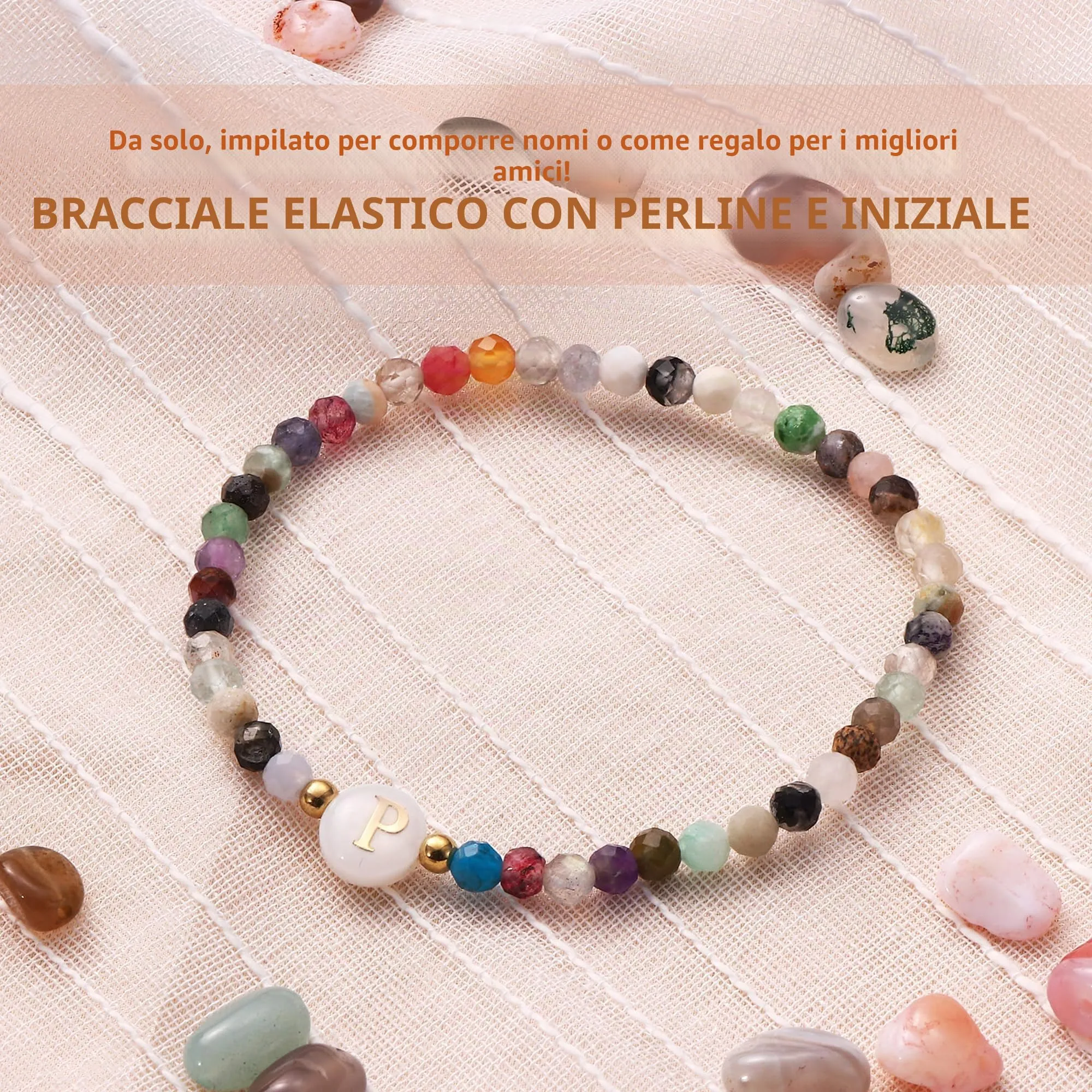BodyBonita Braccialetti con Iniziale P in Pietra Naturale e Madreperla Sintetica, Elastico, 16,5 cm - immagine 2