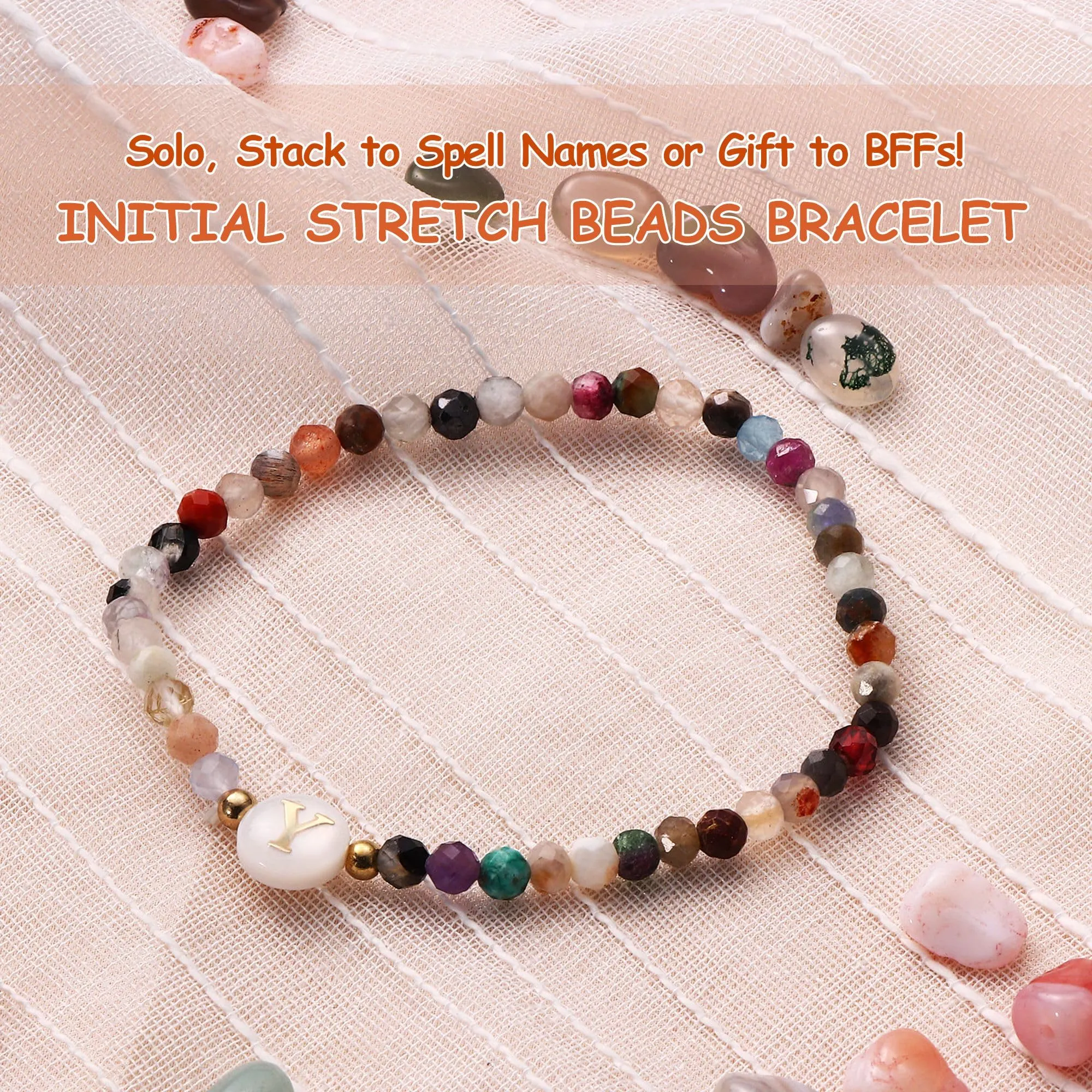 BodyBonita Braccialetti con Iniziale in Pietra Naturale e Madreperla Sintetica, Lettera Y, Elastico per Donna e Uomo - immagine 2
