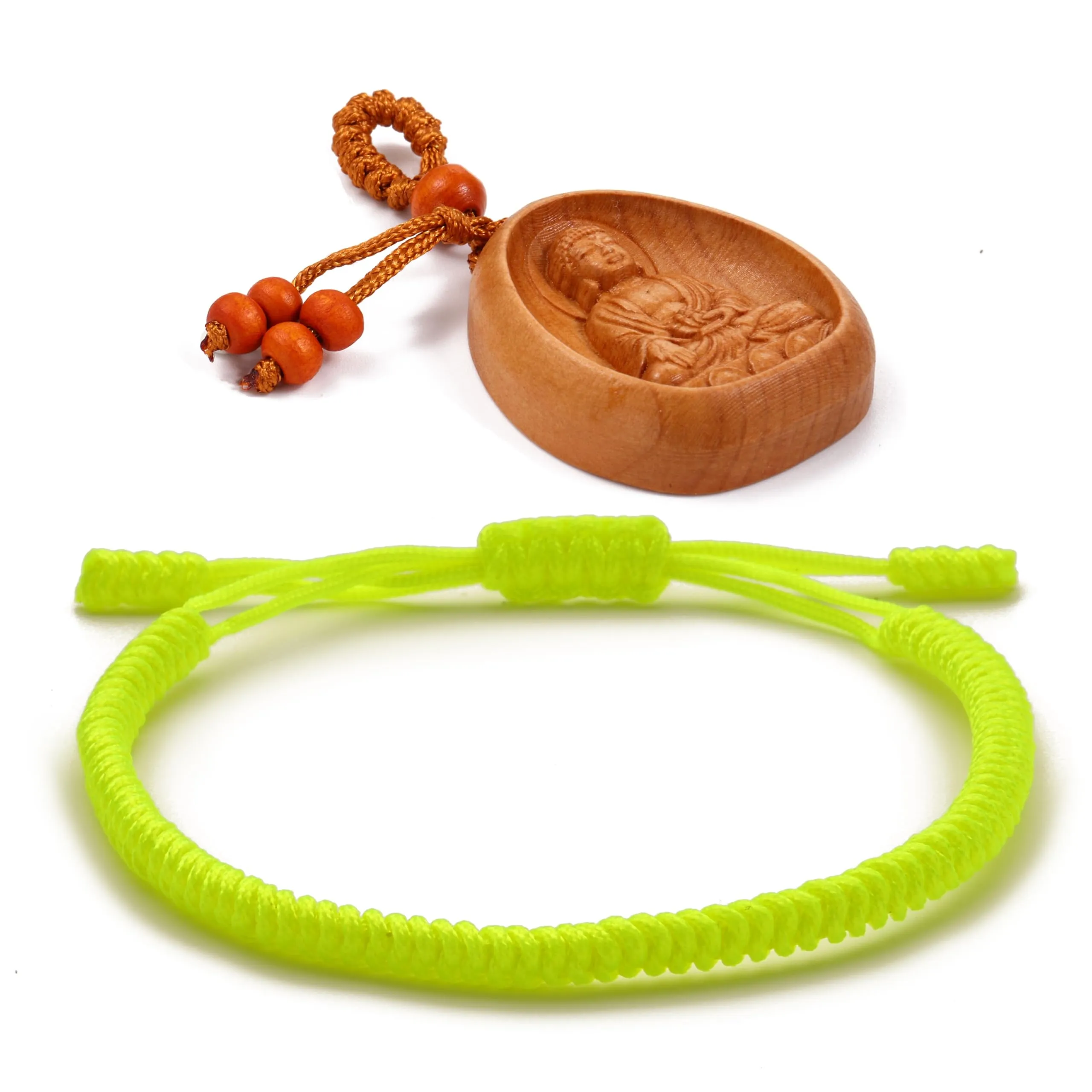 LUCKY BUDDHIST Bracciale Tibetano Buddista Regolabile in Corda Intrecciata con Portachiavi Buddha in Legno - immagine 1