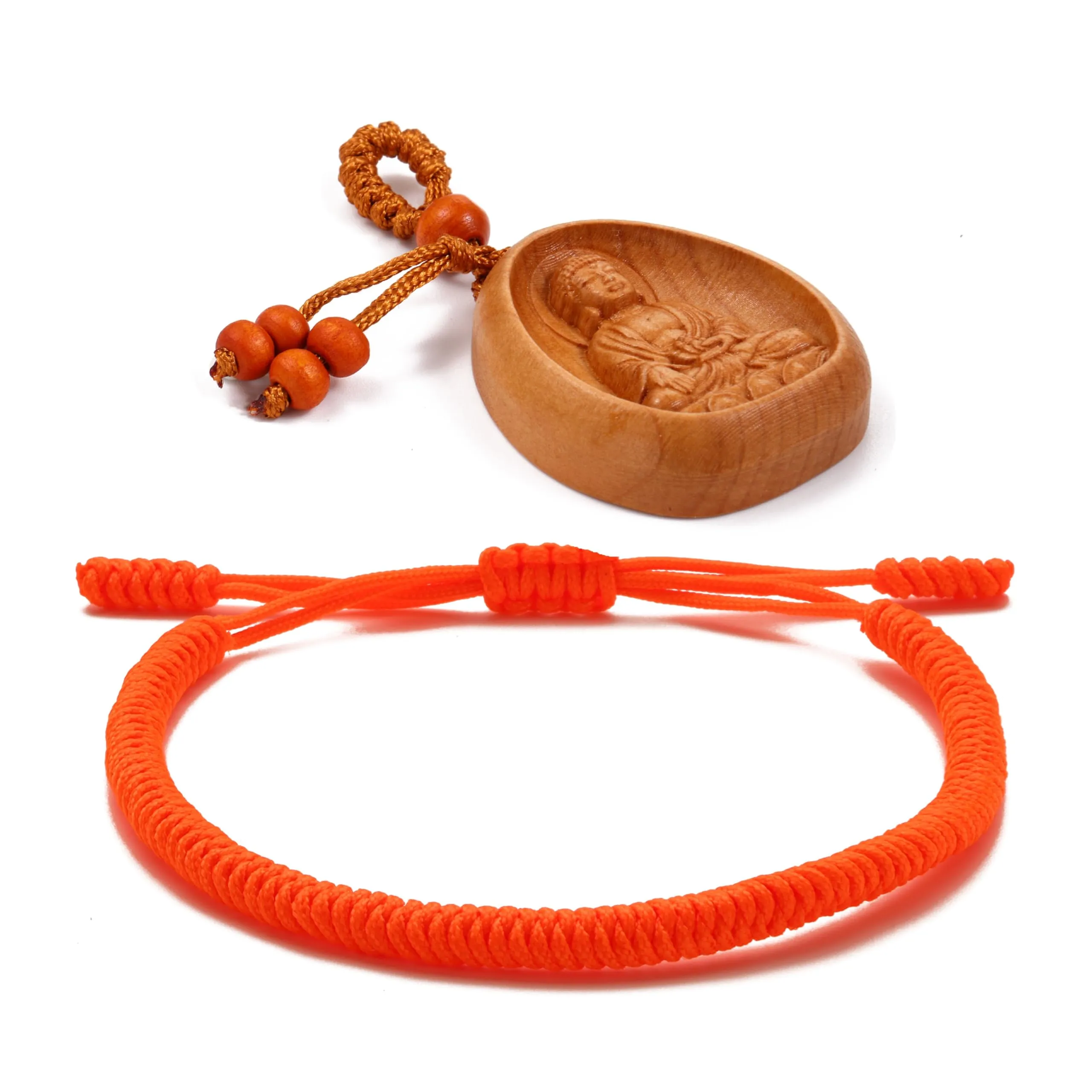 Lucky Buddhist Bracciale Tibetano Buddista Regolabile in Corda Intrecciata con Portachiavi Buddha in Legno - immagine 1