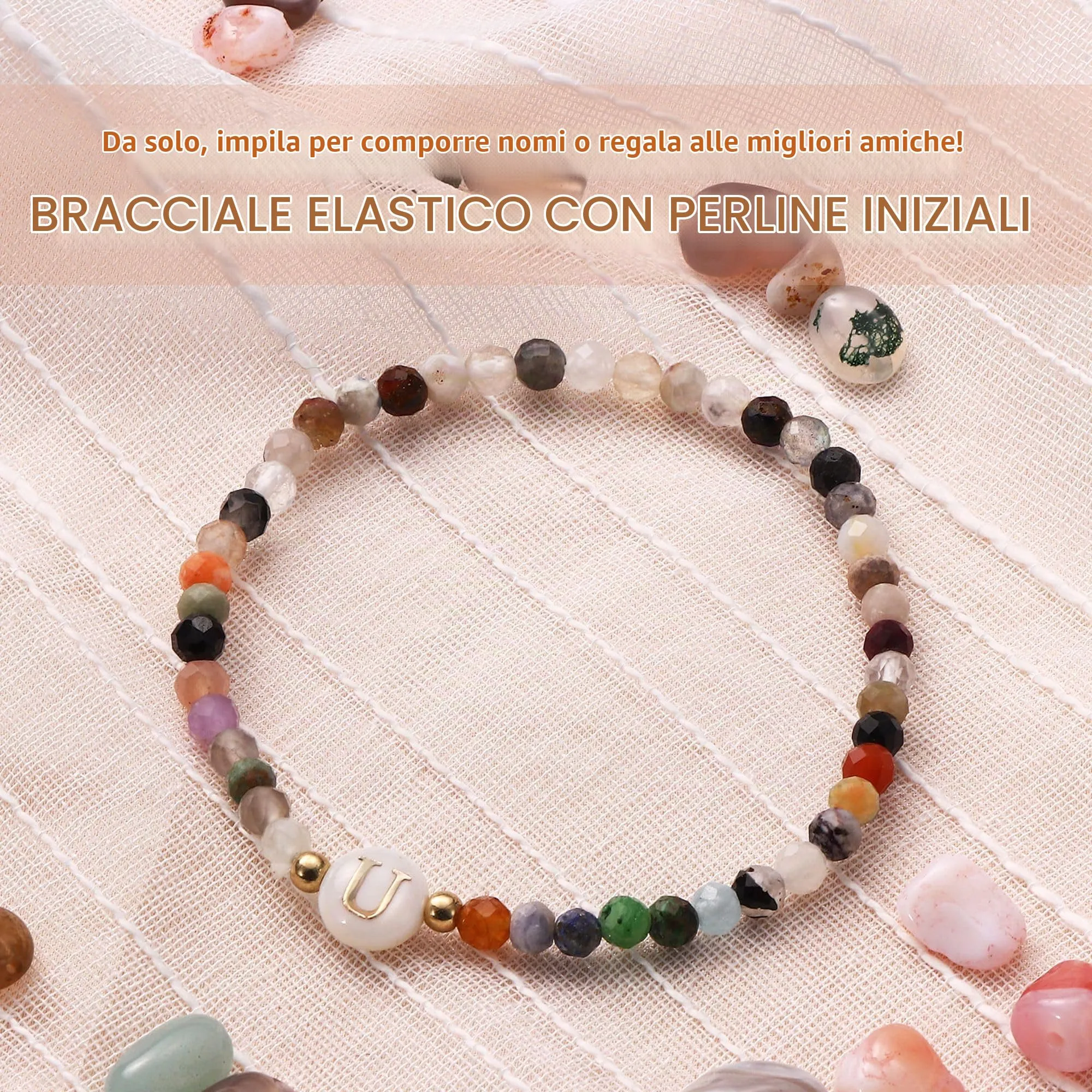 BodyBonita Braccialetti con Iniziale U in Pietra Naturale e Madreperla Sintetica, Elastico, 16,5 cm - immagine 2