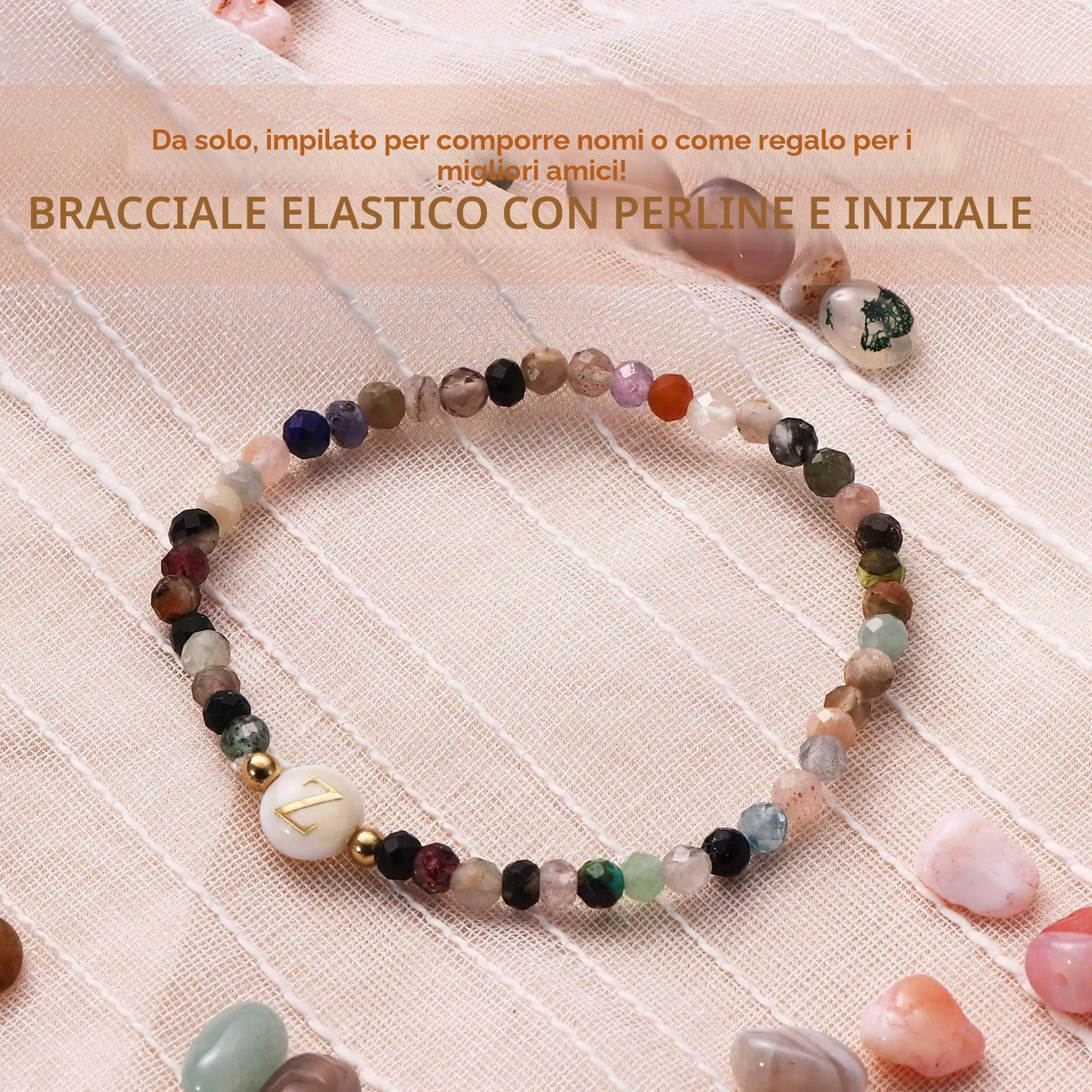 BodyBonita Braccialetto con Iniziale Z in Pietra Naturale e Madreperla Sintetica, Elastico, 16,5 cm - immagine 2
