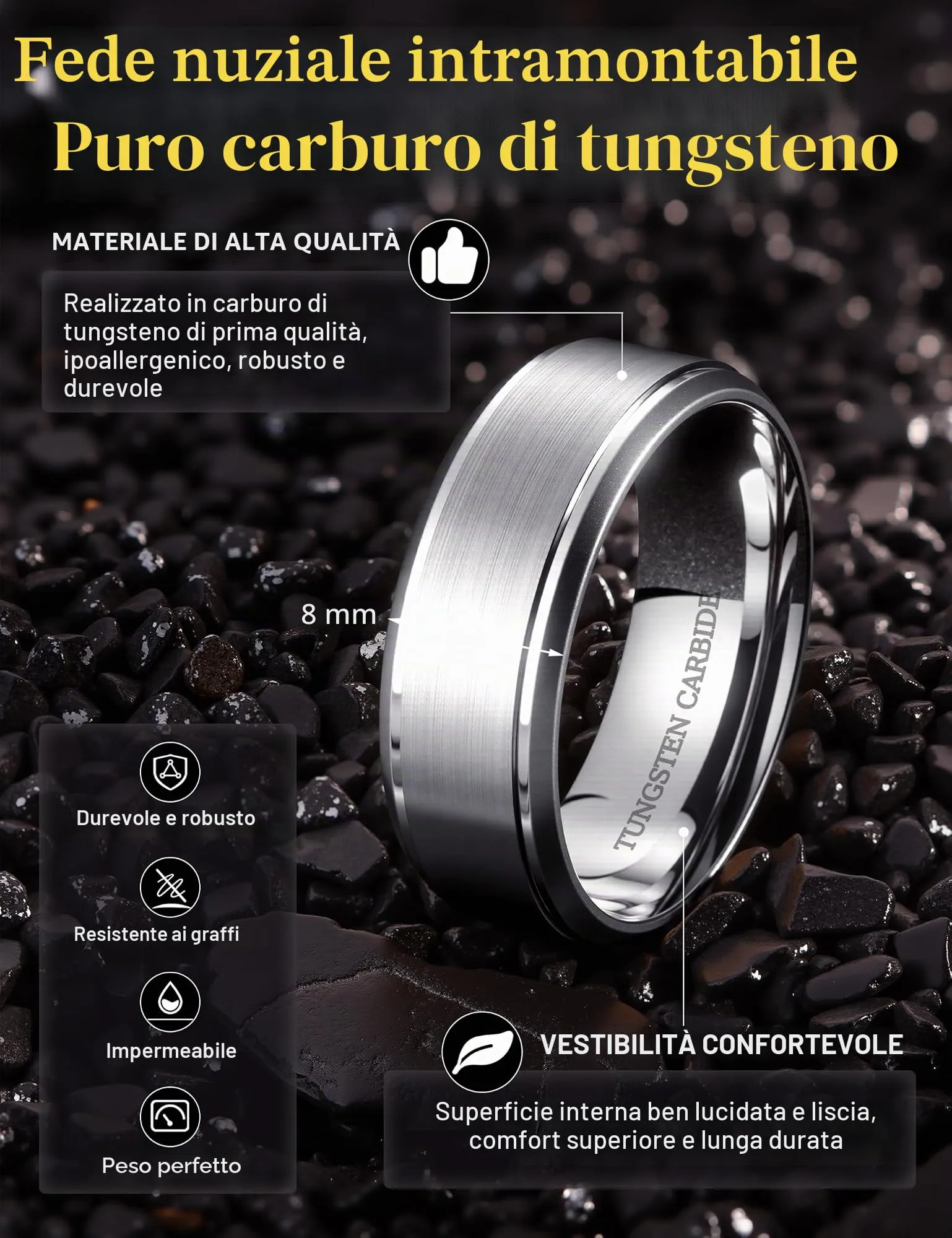 CASSIECA Anello in Tungsteno Argento 8mm, Fede Nuziale per Uomo e Donna, Dimensione 53 - immagine 2