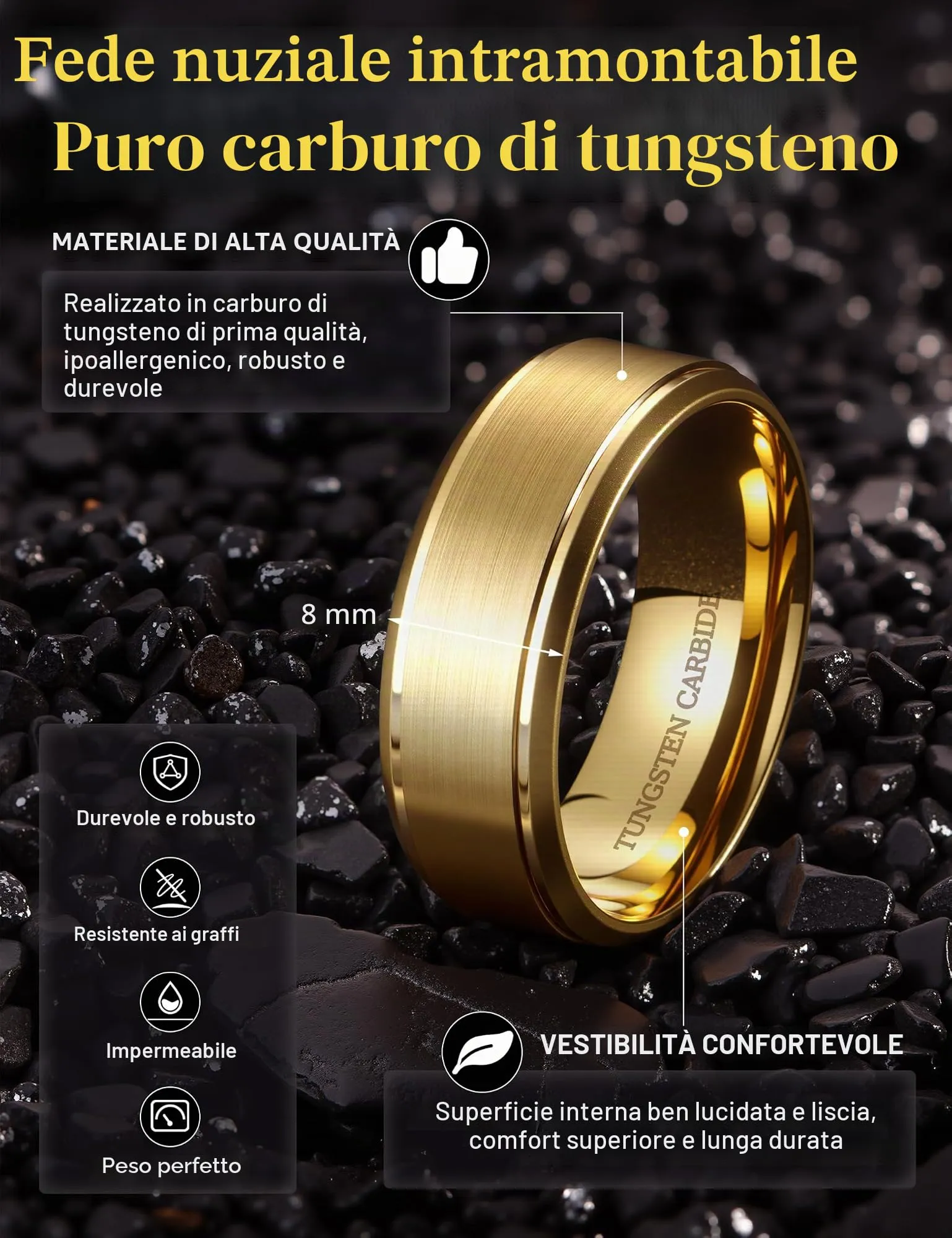 CASSIECA Anello Uomo in Tungsteno Oro, 8mm, Misura 61 - immagine 2
