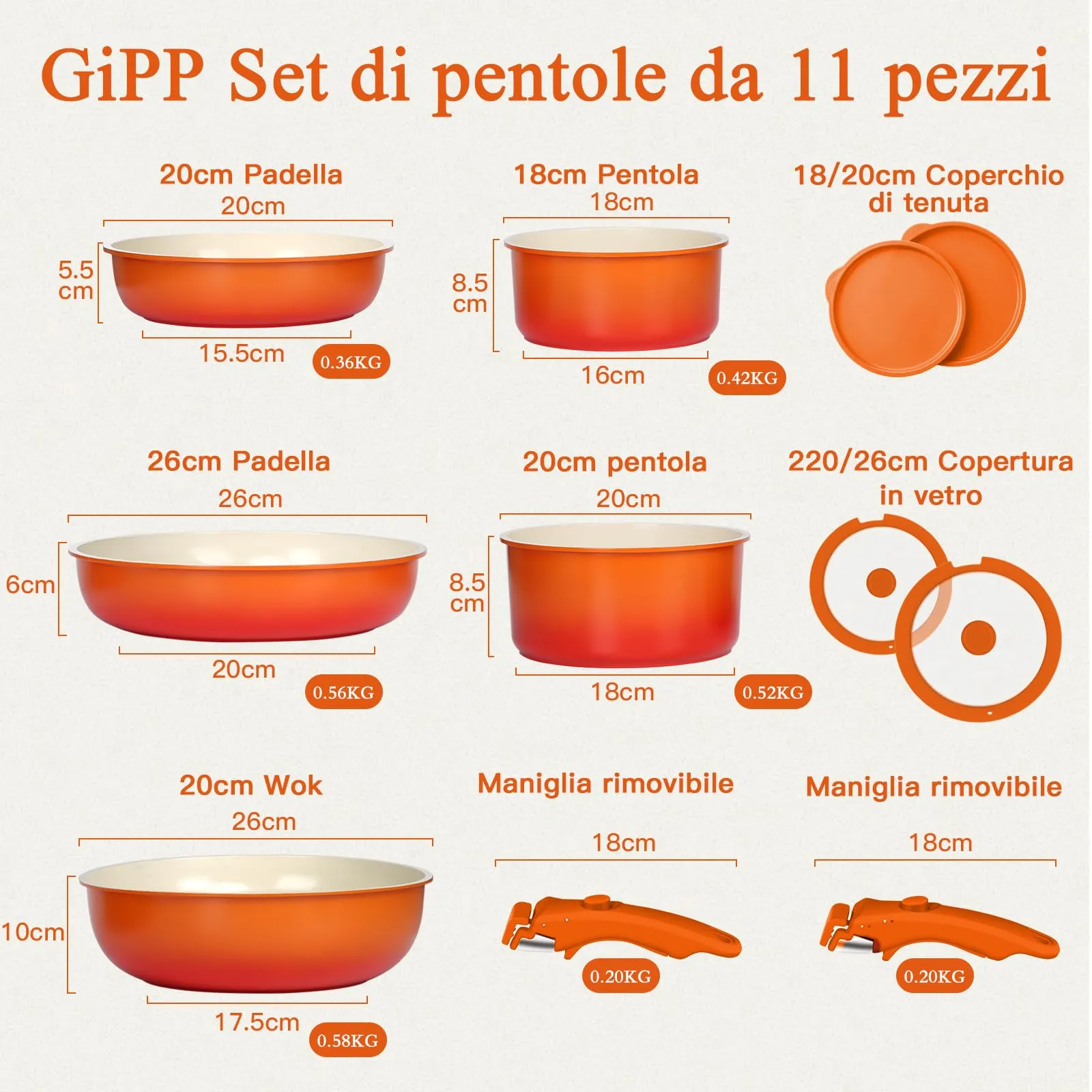 GiPP Set di Padelle Antiaderente 11 Pezzi Compatibile Induzione, Arancione - immagine 2