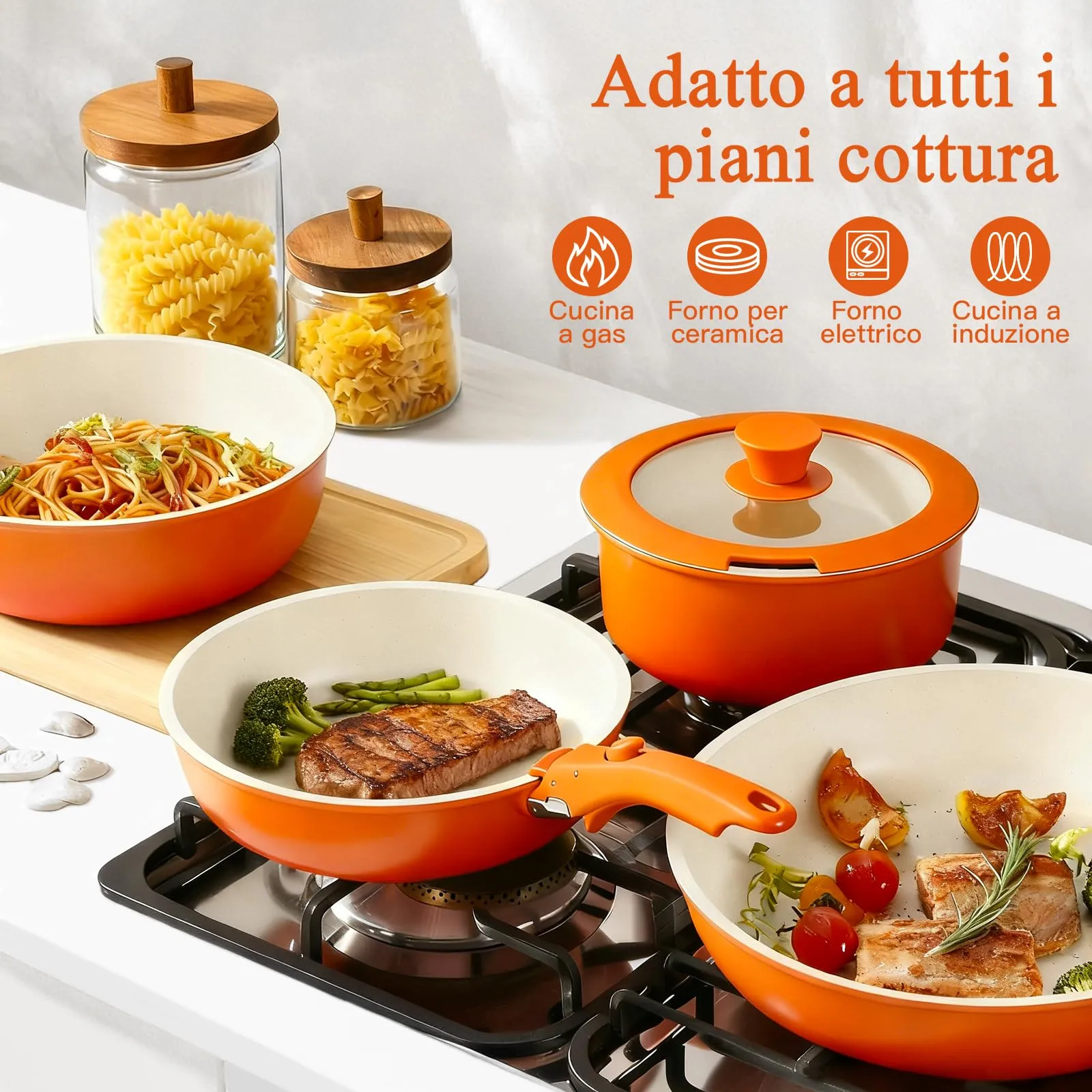 GiPP Set di Padelle Antiaderente 11 Pezzi Compatibile Induzione, Arancione - immagine 3