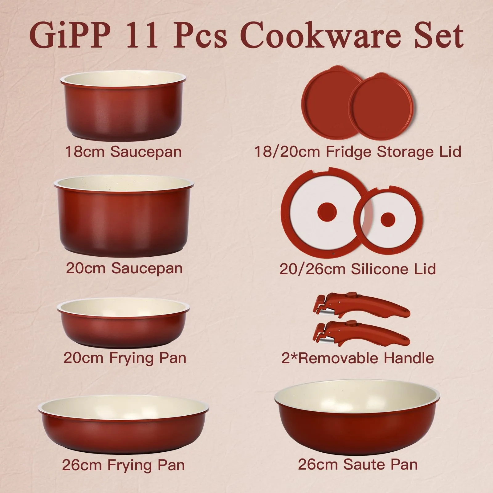 GiPP Set di Padelle Antiaderente 11 Pezzi, Compatibile Induzione, Rossa - immagine 2
