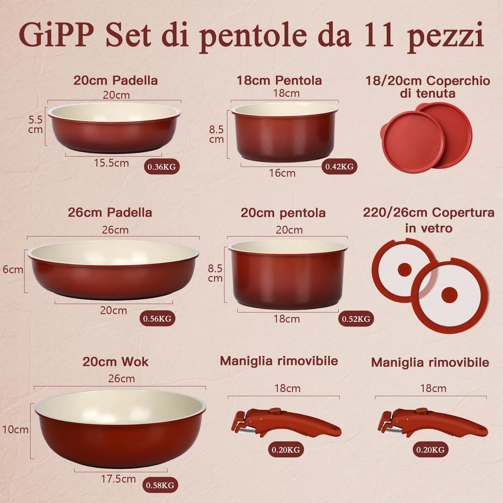 GiPP Set di Padelle Antiaderente 11 Pezzi, Compatibile Induzione, Rossa - immagine 3