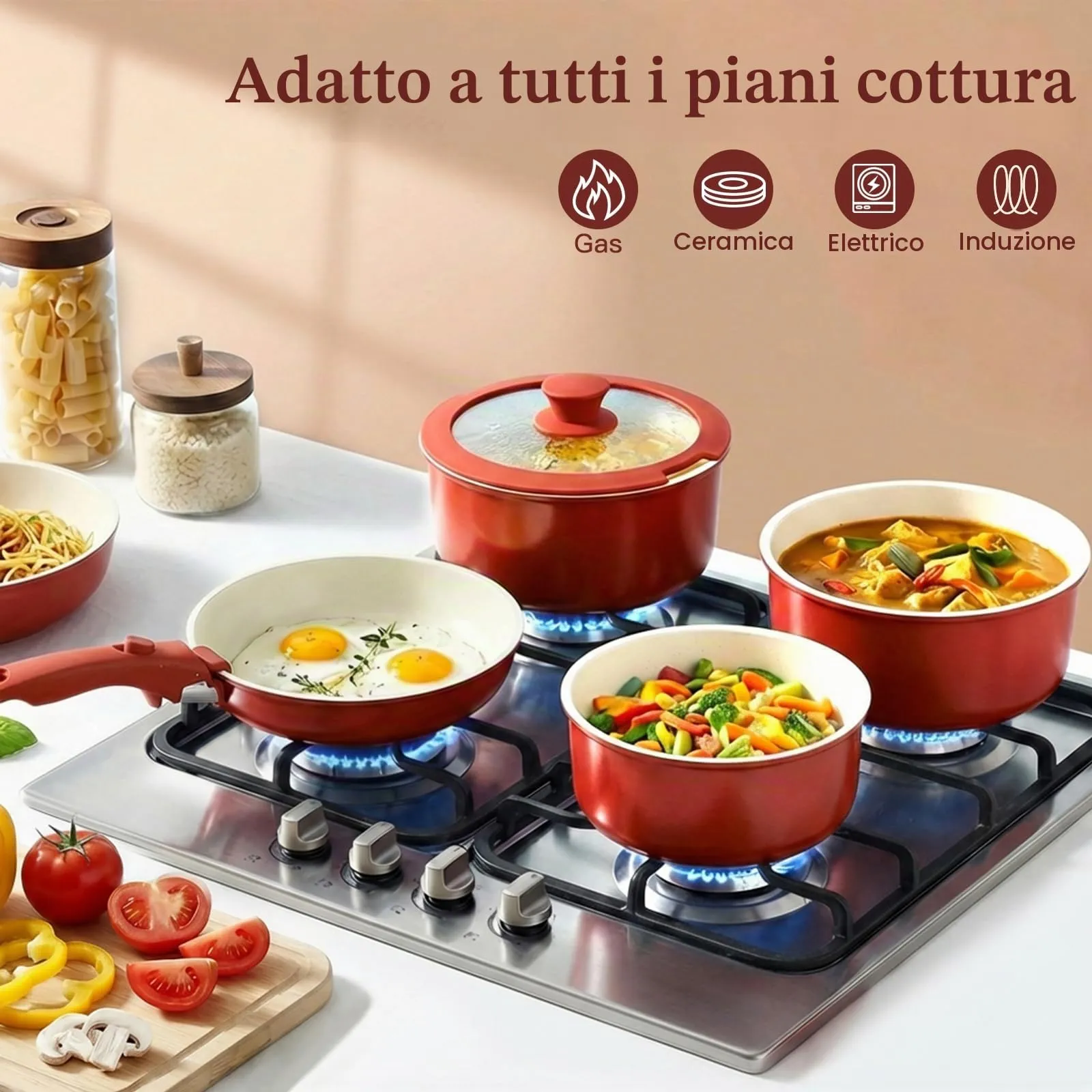 GiPP Set di Padelle Antiaderente 11 Pezzi, Compatibile Induzione, Rossa - immagine 9