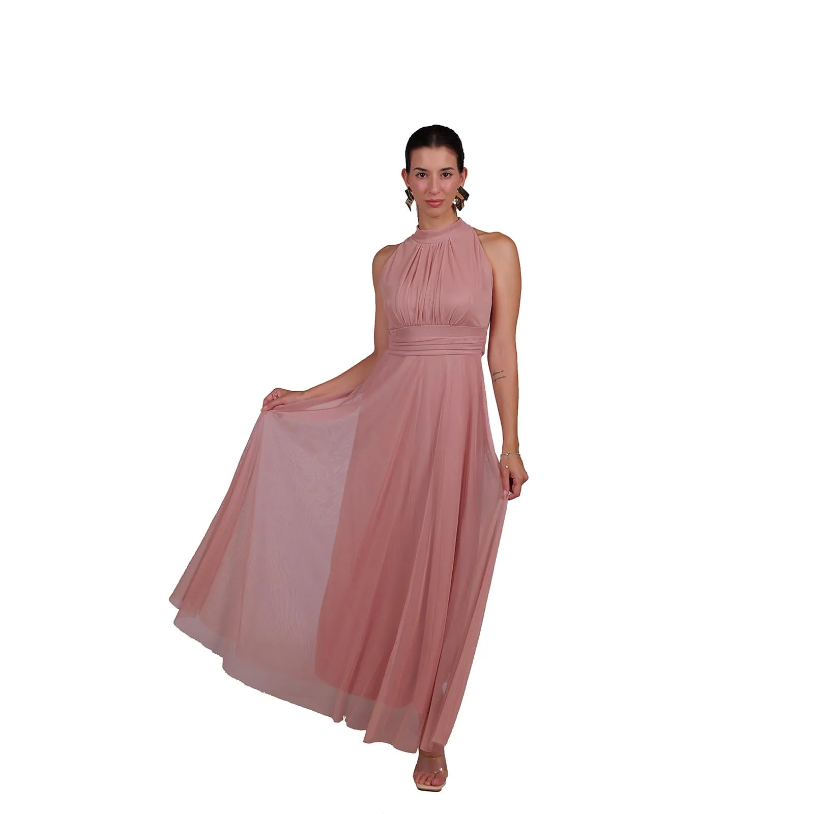 VALORIALUXE Abito Lungo Elegante Donna con Stola Coordinata, Collo Alto Senza Maniche in Tulle, Rosa Antica, XXL-3XL - immagine 1
