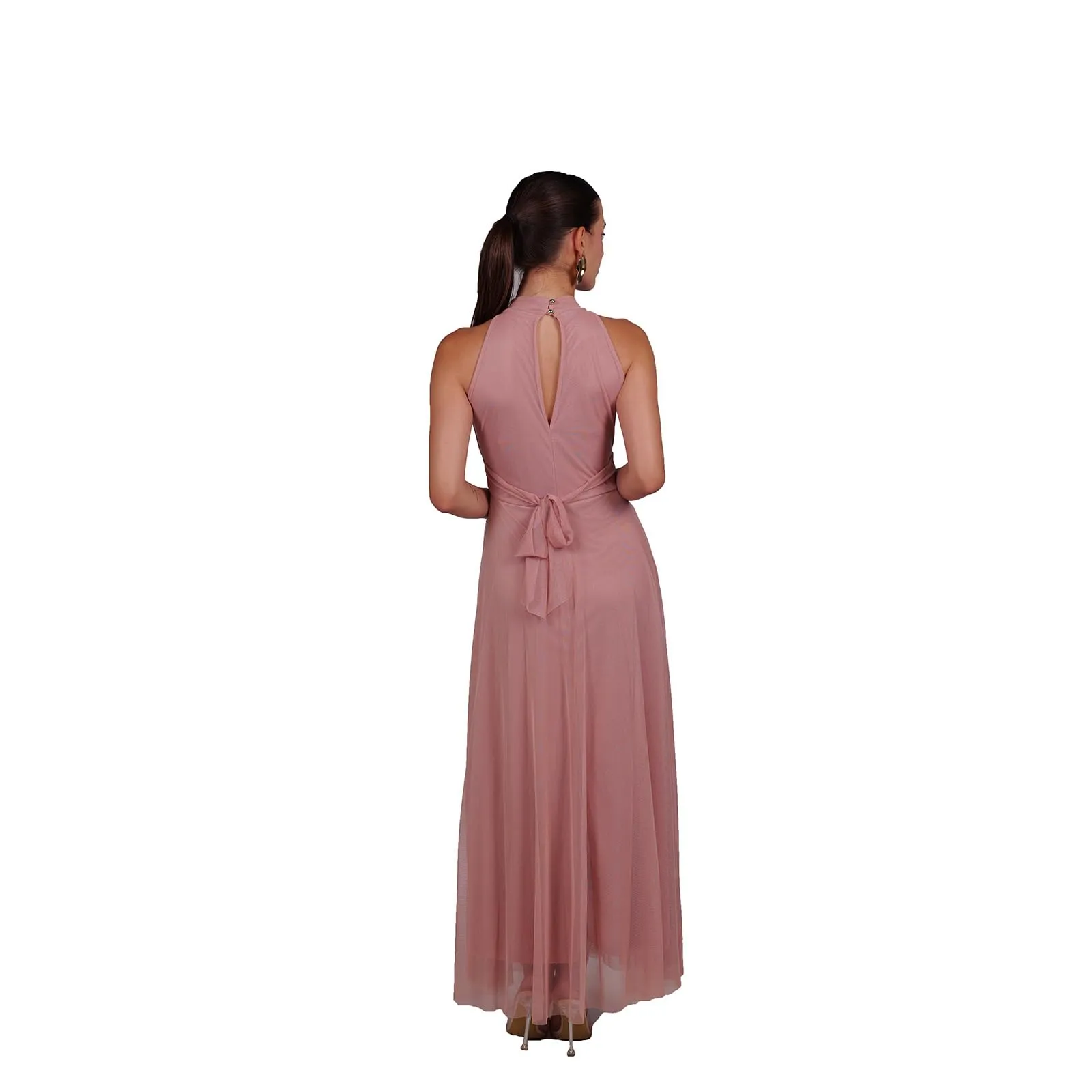 VALORIALUXE Abito Lungo Elegante Donna con Stola Coordinata, Collo Alto Senza Maniche in Tulle, Rosa Antica, XXL-3XL - immagine 2