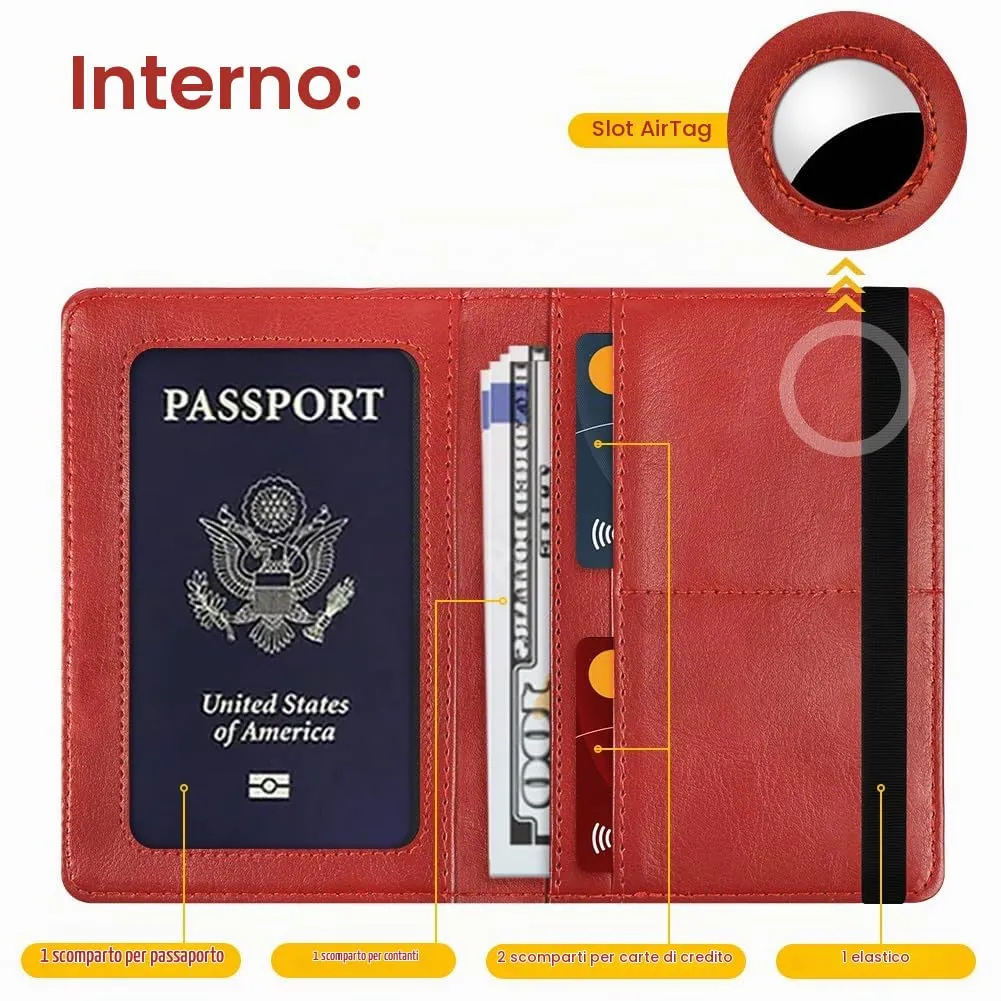 AOOSU Custodia per Passaporto in Pelle con Slot AirTag e Protezione RFID (Rosso) - immagine 3