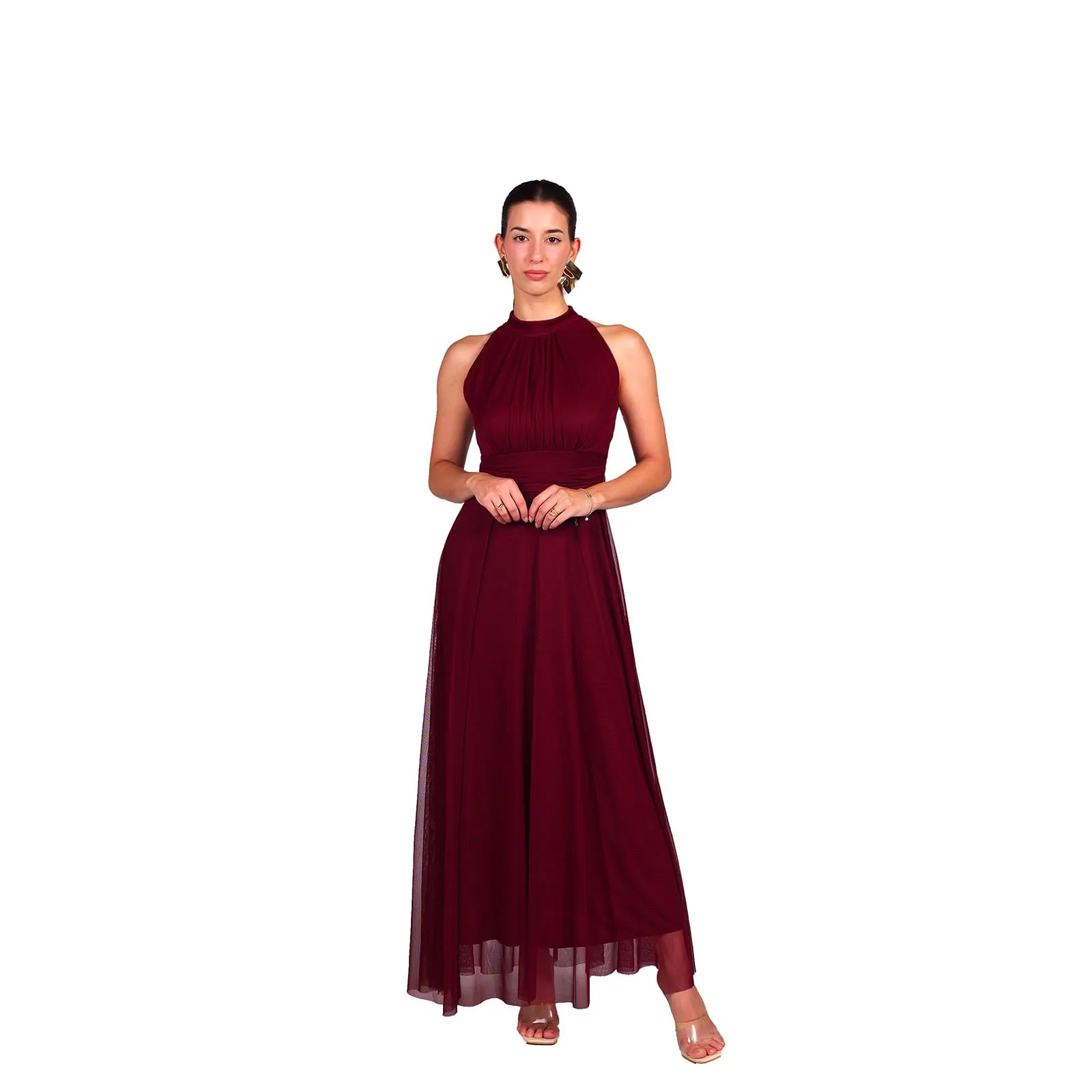 VALORIALUXE Abito Lungo Elegante Donna con Stola Coordinata, Collo Alto Senza Maniche in Tulle, Rosso Profondo, XXL-3XL - immagine 1