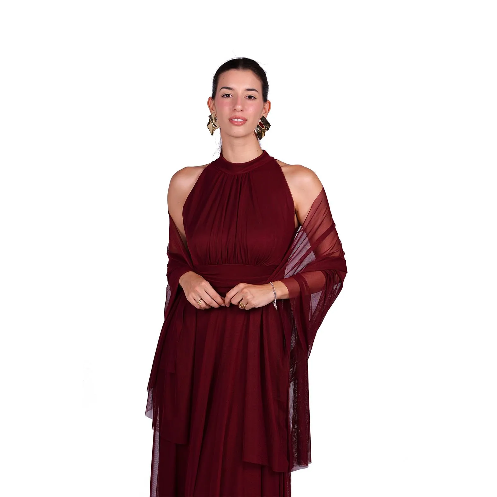 VALORIALUXE Abito Lungo Elegante Donna con Stola Coordinata, Collo Alto Senza Maniche in Tulle, Rosso Profondo - immagine 3
