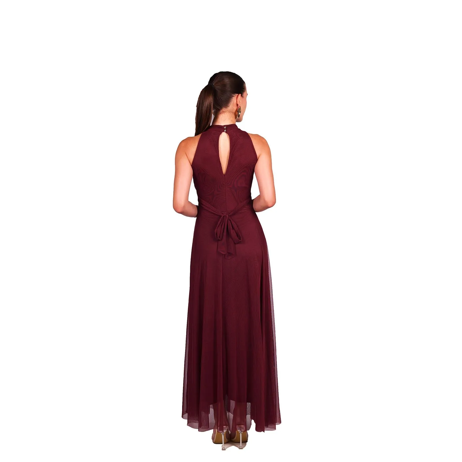 VALORIALUXE Abito Lungo Elegante Donna con Stola Coordinata, Collo Alto Senza Maniche in Tulle, Rosso Profondo - immagine 2