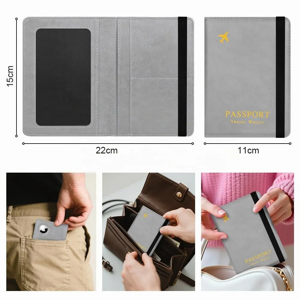 AOOSU Custodia per Passaporto in Pelle con Slot AirTag e Protezione RFID, Grigio - immagine 2