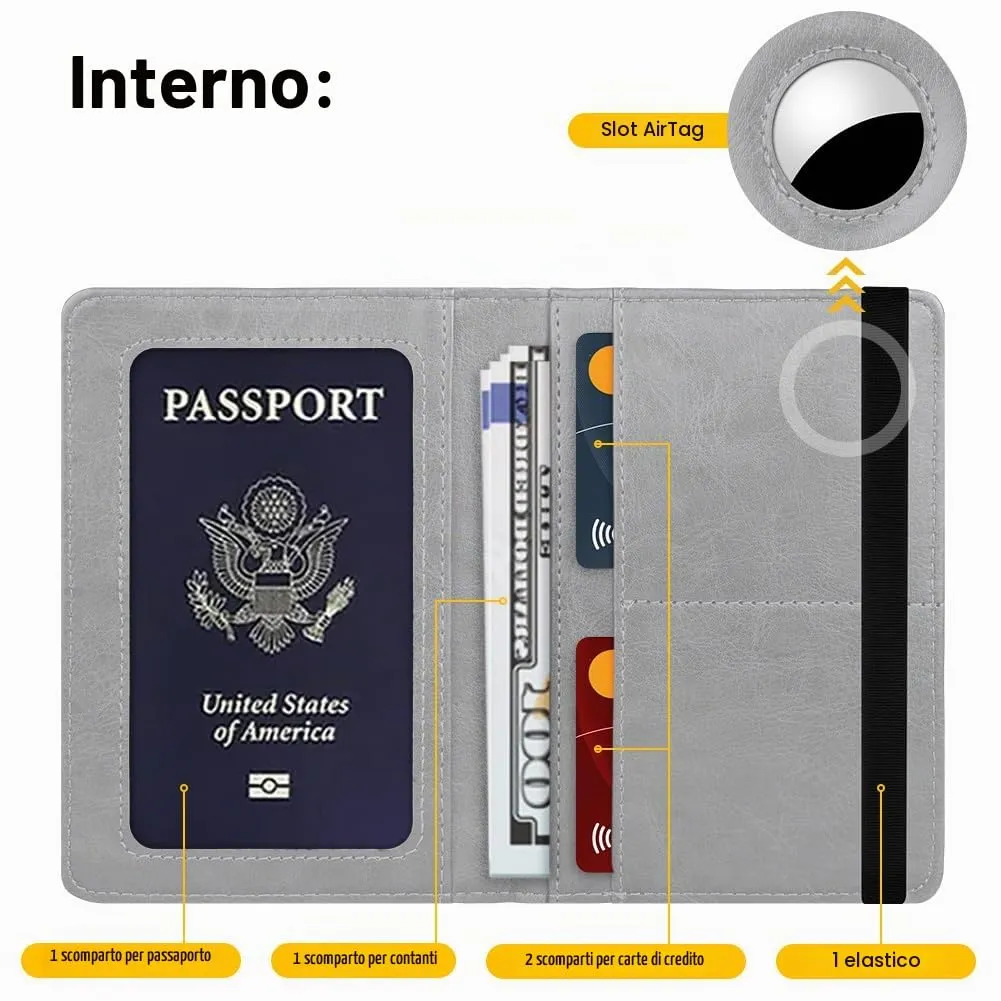 AOOSU Custodia per Passaporto in Pelle con Slot AirTag e Protezione RFID, Grigio - immagine 3