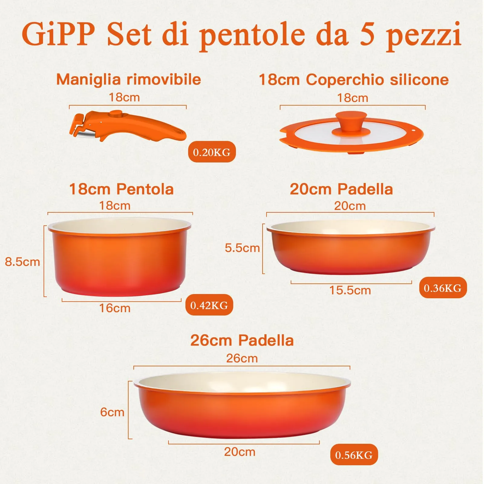GiPP Set di Padelle Antiaderenti Compatibile Induzione, 5 Pezzi, Arancione - immagine 2