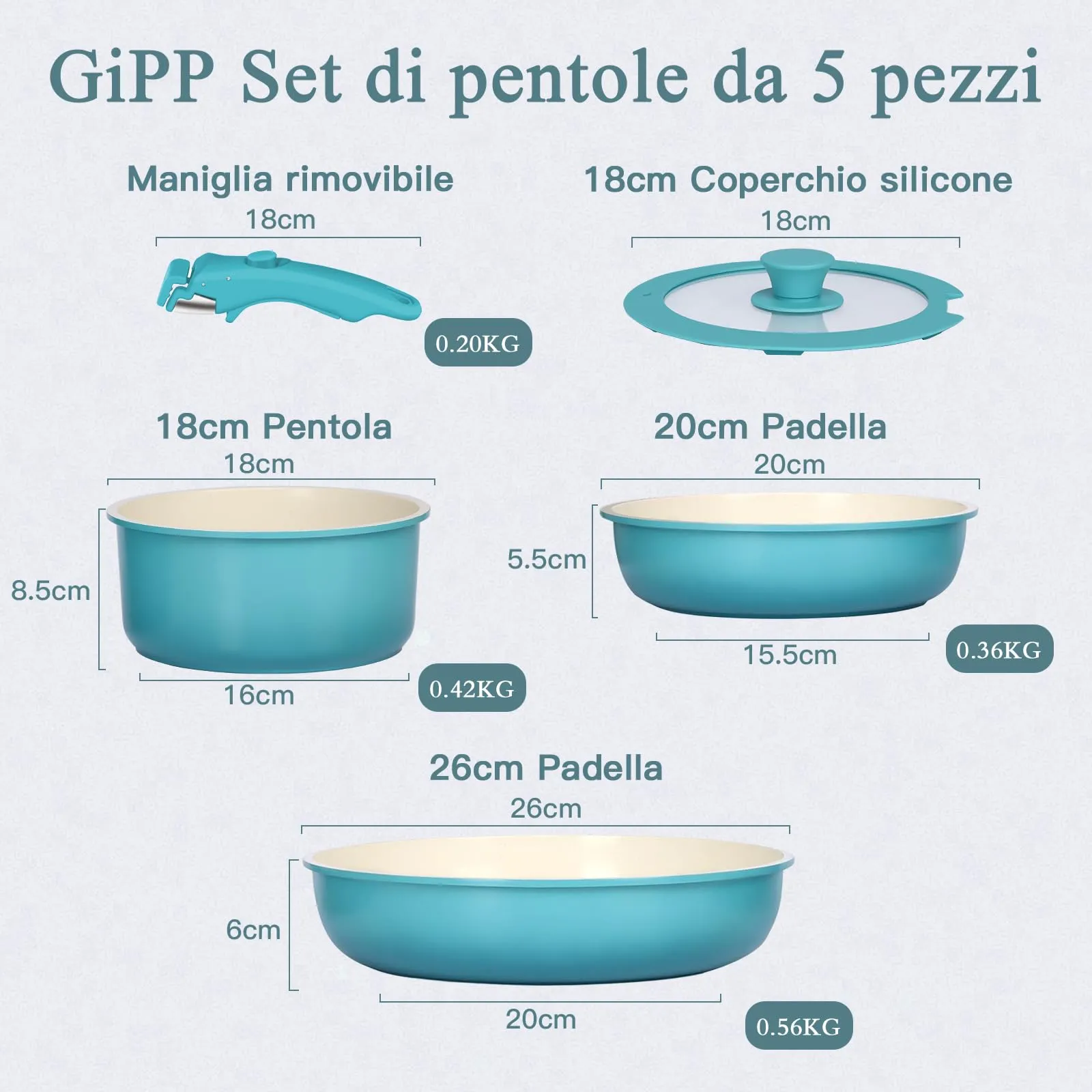 GiPP Set di Padelle Antiaderente 5 Pezzi, Compatibile Induzione, Blu - immagine 2