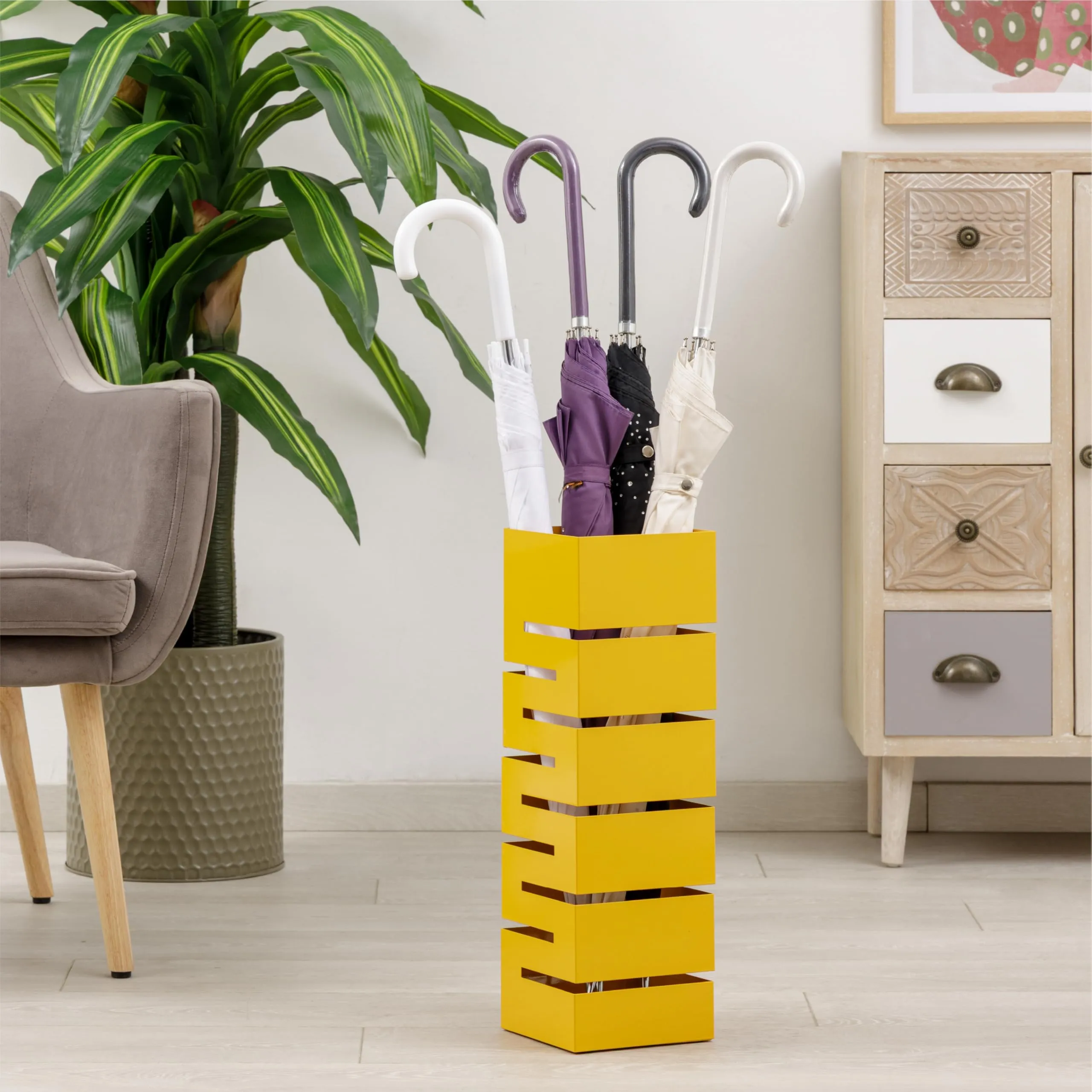 Baroni Home Portaombrelli in Metallo Geometrico con Vaschetta Scolapioggia e 2 Gancini, 15,5x15,5x49 cm, Giallo - immagine 2