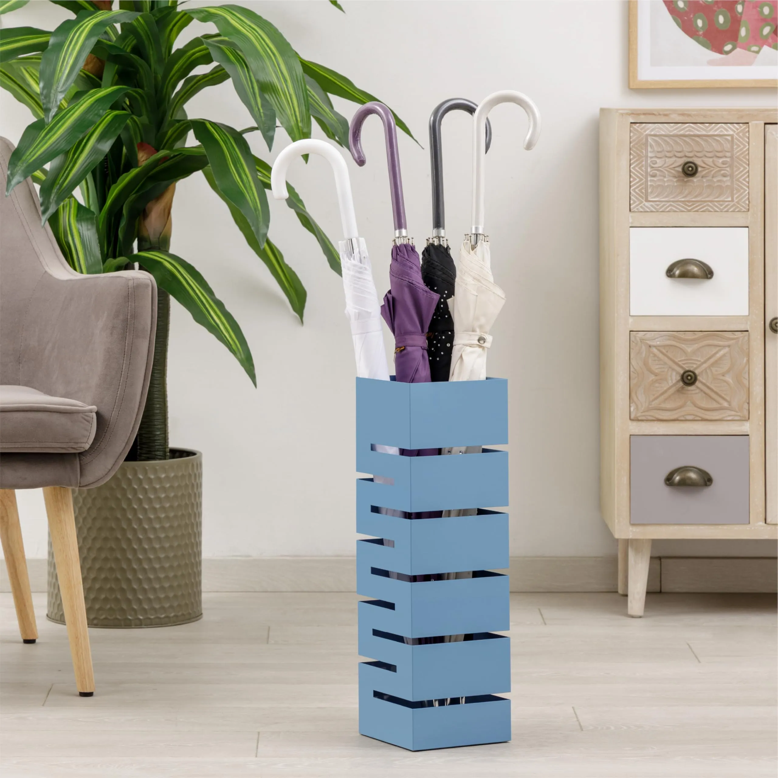 Baroni Home Portaombrelli in Metallo Geometrico con 2 Gancini e Vaschetta Scolapioggia Rimovibile, 15,5x15,5x49 cm, Blu - immagine 2