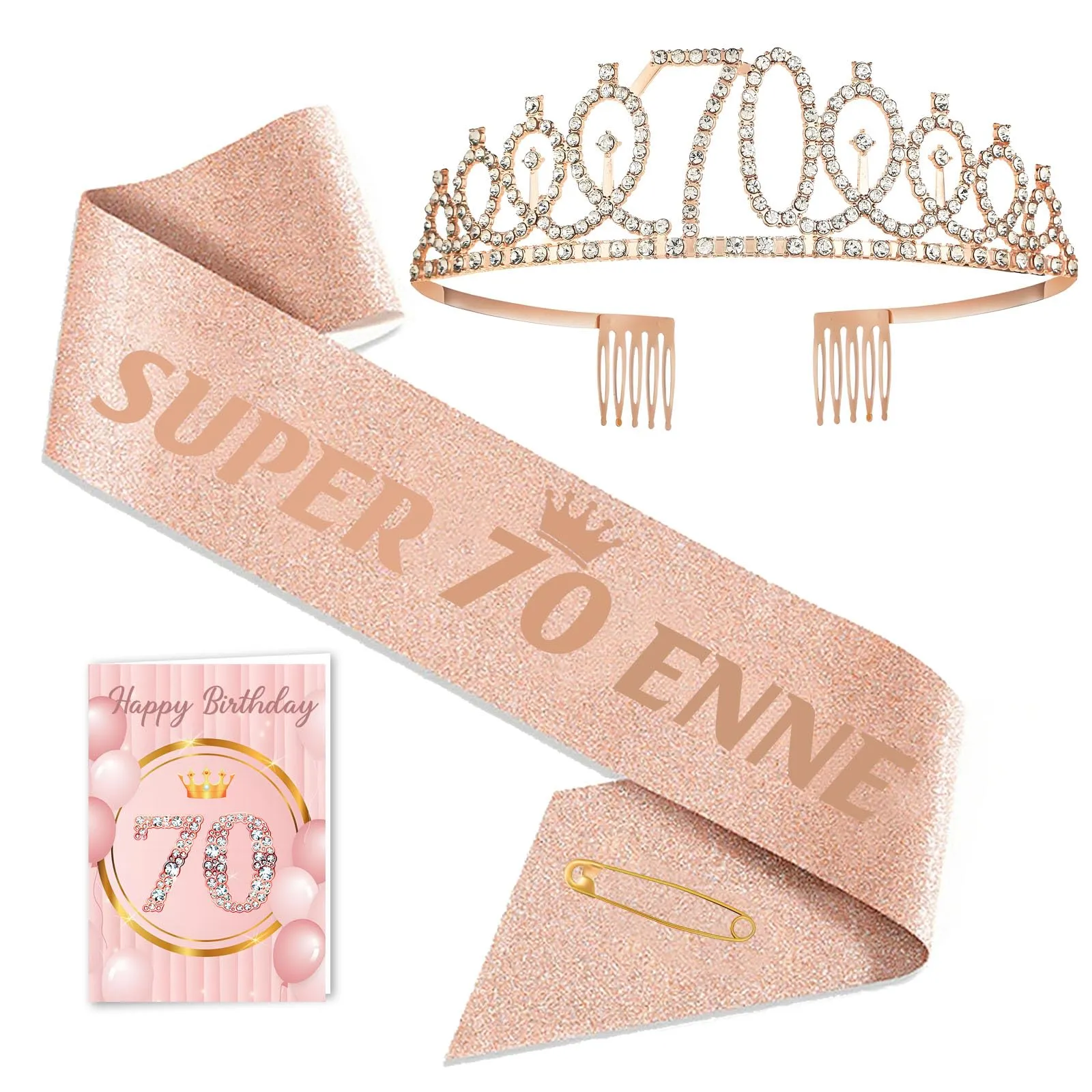 Toctax Fascia e Corona Compleanno Personalizzata con Biglietto per 70 Anni, Set Regalo per Donna - immagine 1