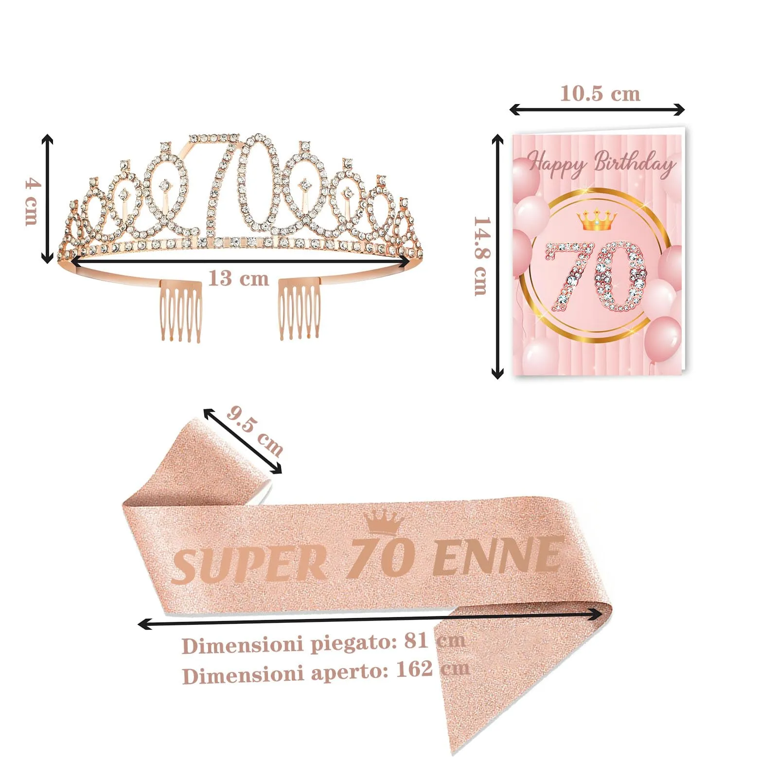 Toctax Fascia e Corona Compleanno Personalizzata con Biglietto per 70 Anni, Set Regalo per Donna - immagine 2