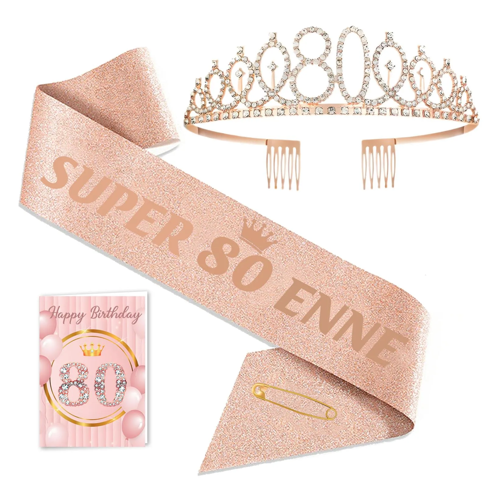 Toctax Set Fascia e Corona Compleanno Personalizzata con Biglietto per 80 Anni Donna - immagine 1