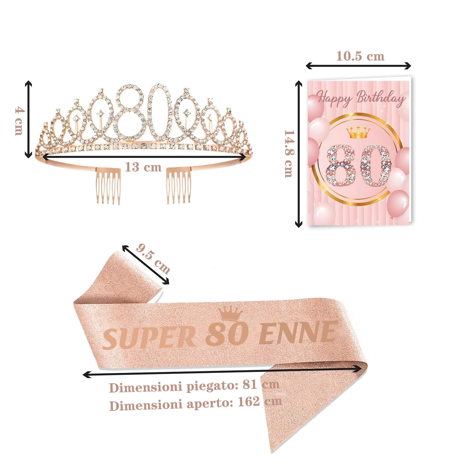 Toctax Set Fascia e Corona Compleanno Personalizzata con Biglietto per 80 Anni Donna - immagine 2