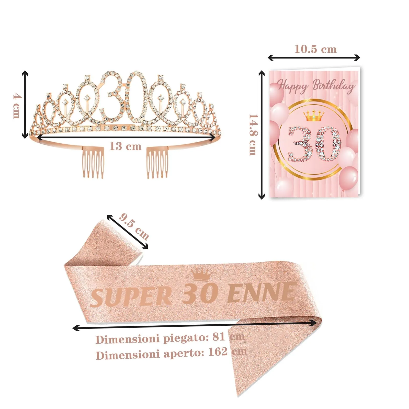 Toctax Fascia e Corona Compleanno Personalizzata con Biglietto per 30 Anni, Set Regalo e Decorazione per Donna - immagine 2