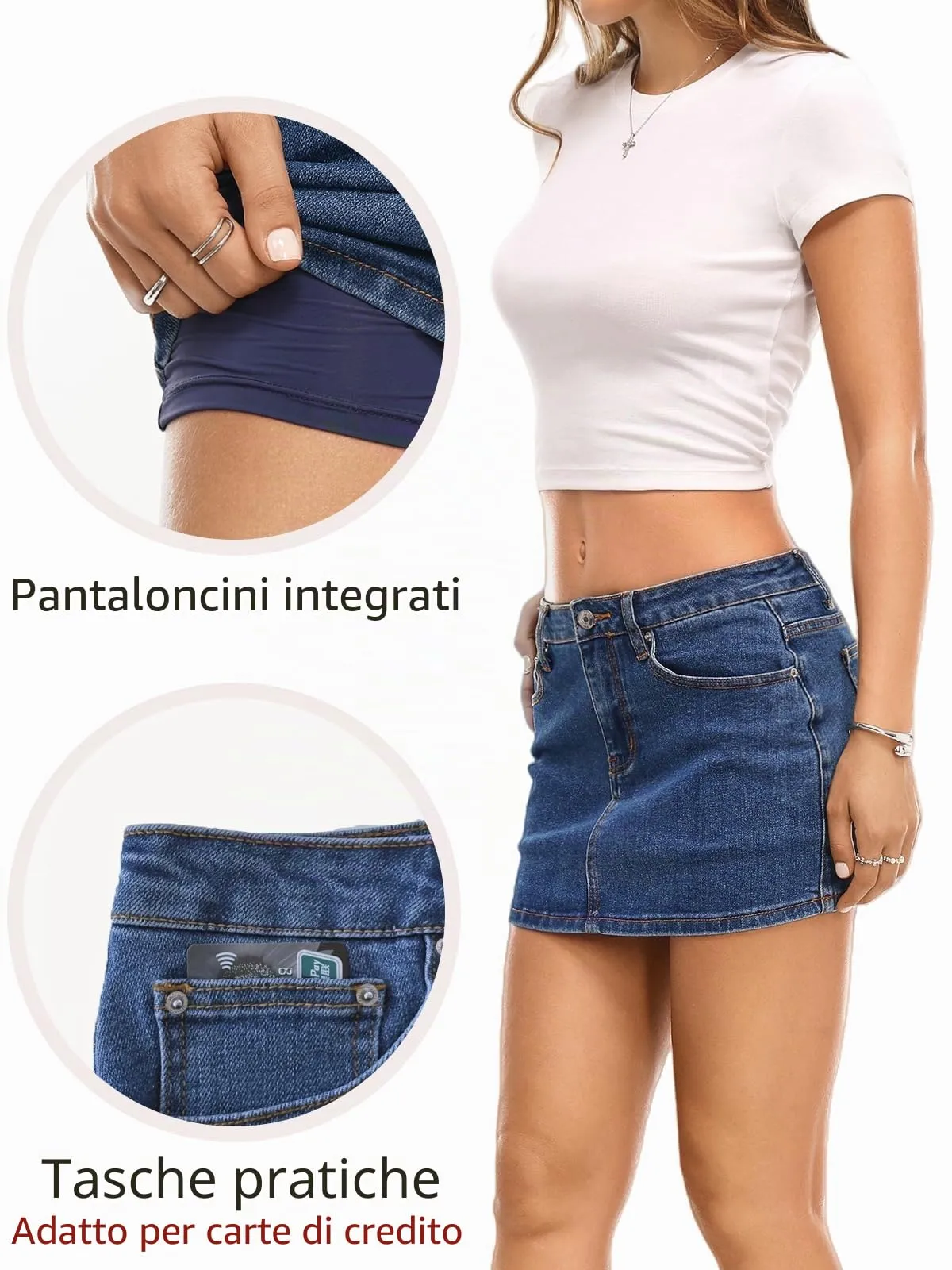 Danysu Gonna Mini Elasticizzata a Vita Bassa con Pantaloncini e Spacco Laterale, Blu scuro, S - immagine 4