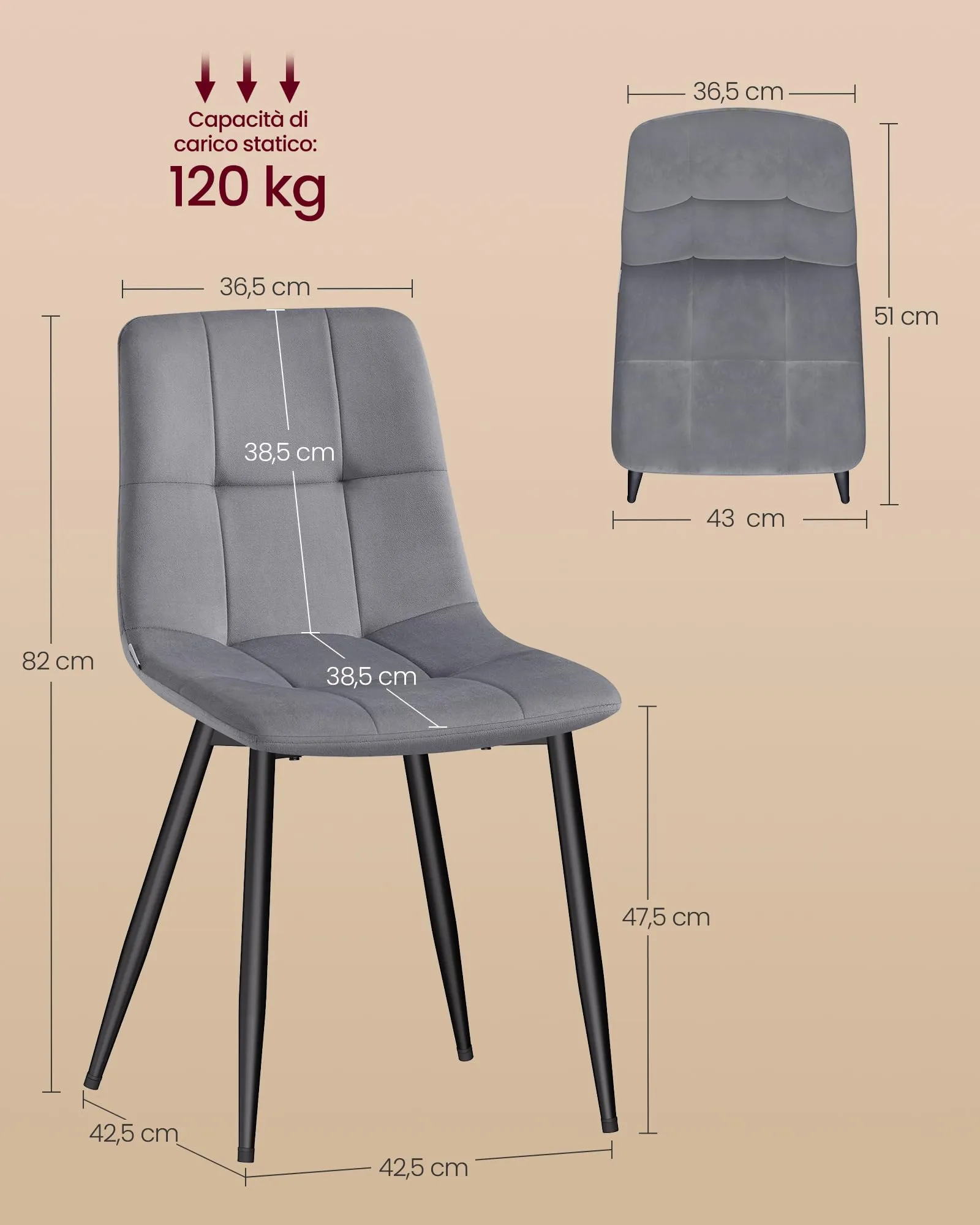 VASAGLE Sedie da Pranzo in Velluto, Set di 4, Grigio Ardesia KDC080GN01 - immagine 3