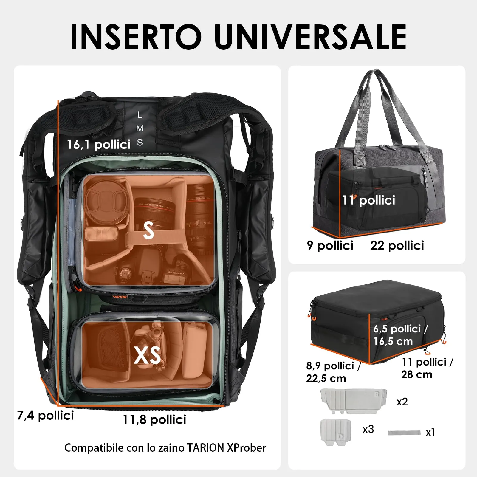 TARION Inserto Borsa Fotografica per Zaino Reflex e Obiettivi, S - immagine 3