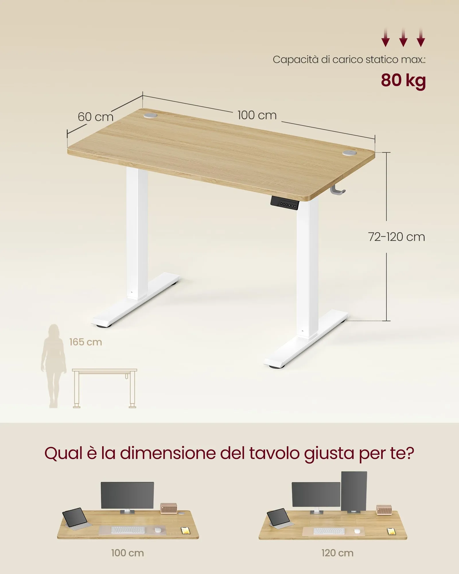 VASAGLE Scrivania Elettrica Regolabile in Altezza, 100x60x(72-120) cm, Rovere Dorato - immagine 3