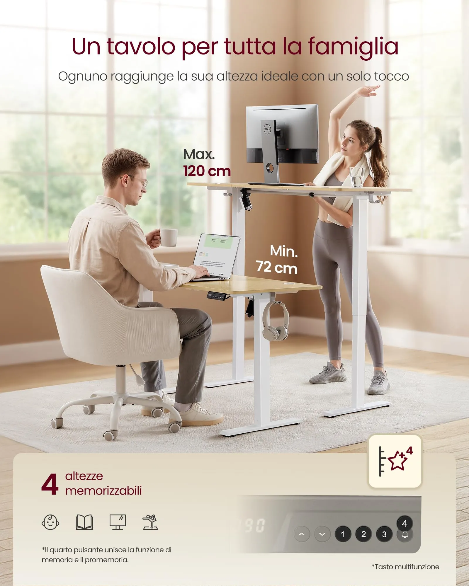 VASAGLE Scrivania Elettrica Regolabile in Altezza, 120x60x(72-120) cm, Rovere Dorato - immagine 3