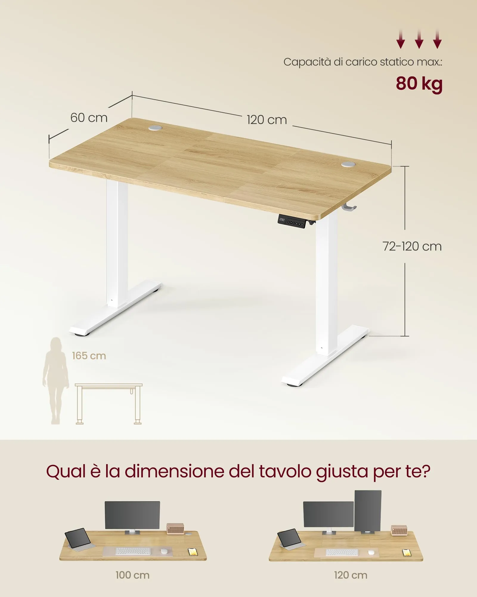 VASAGLE Scrivania Elettrica Regolabile in Altezza, 120x60x(72-120) cm, Rovere Dorato - immagine 7
