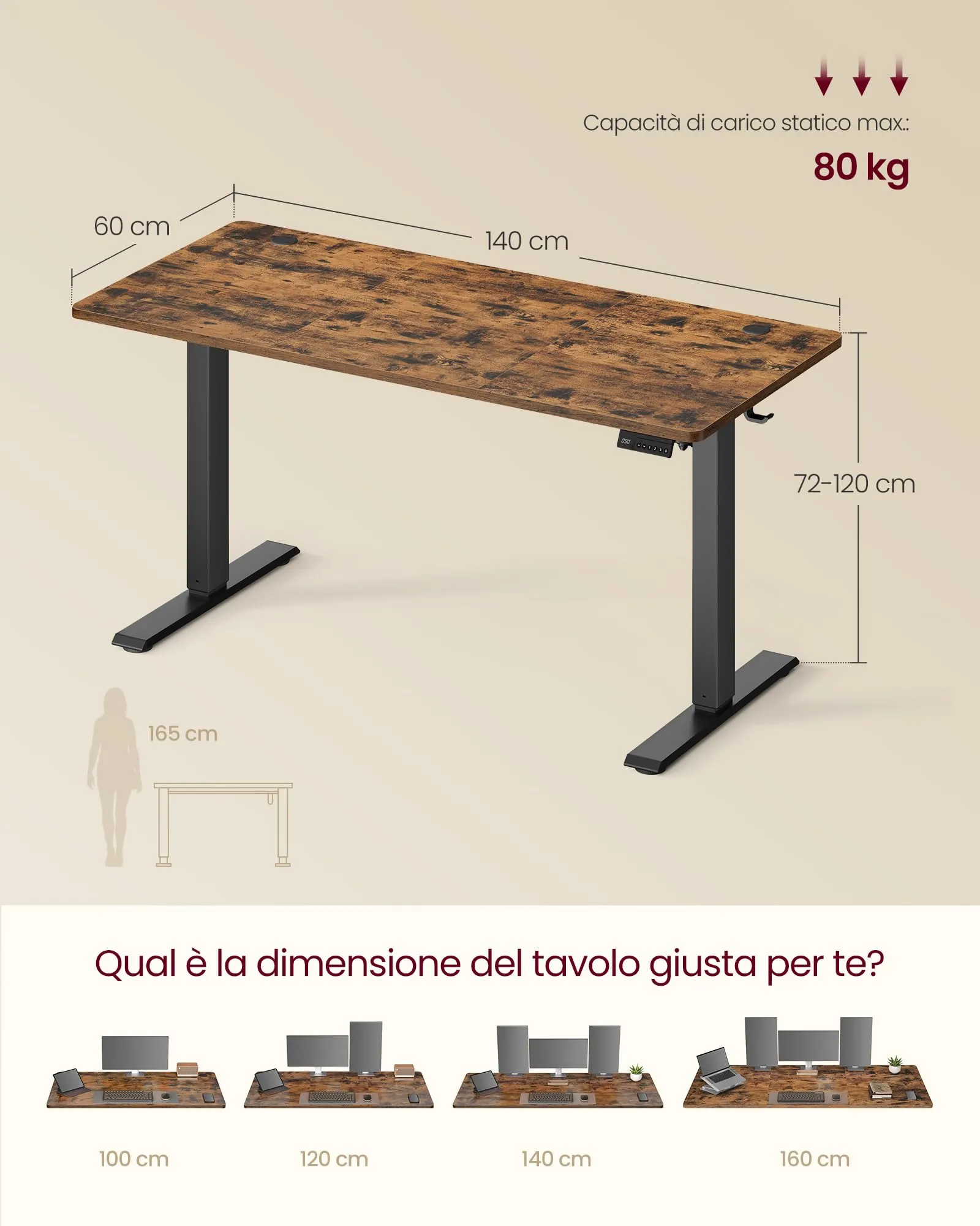 VASAGLE Scrivania Elettrica Regolabile in Altezza, 140x60x(72-120) cm, Marrone Vintage - immagine 3