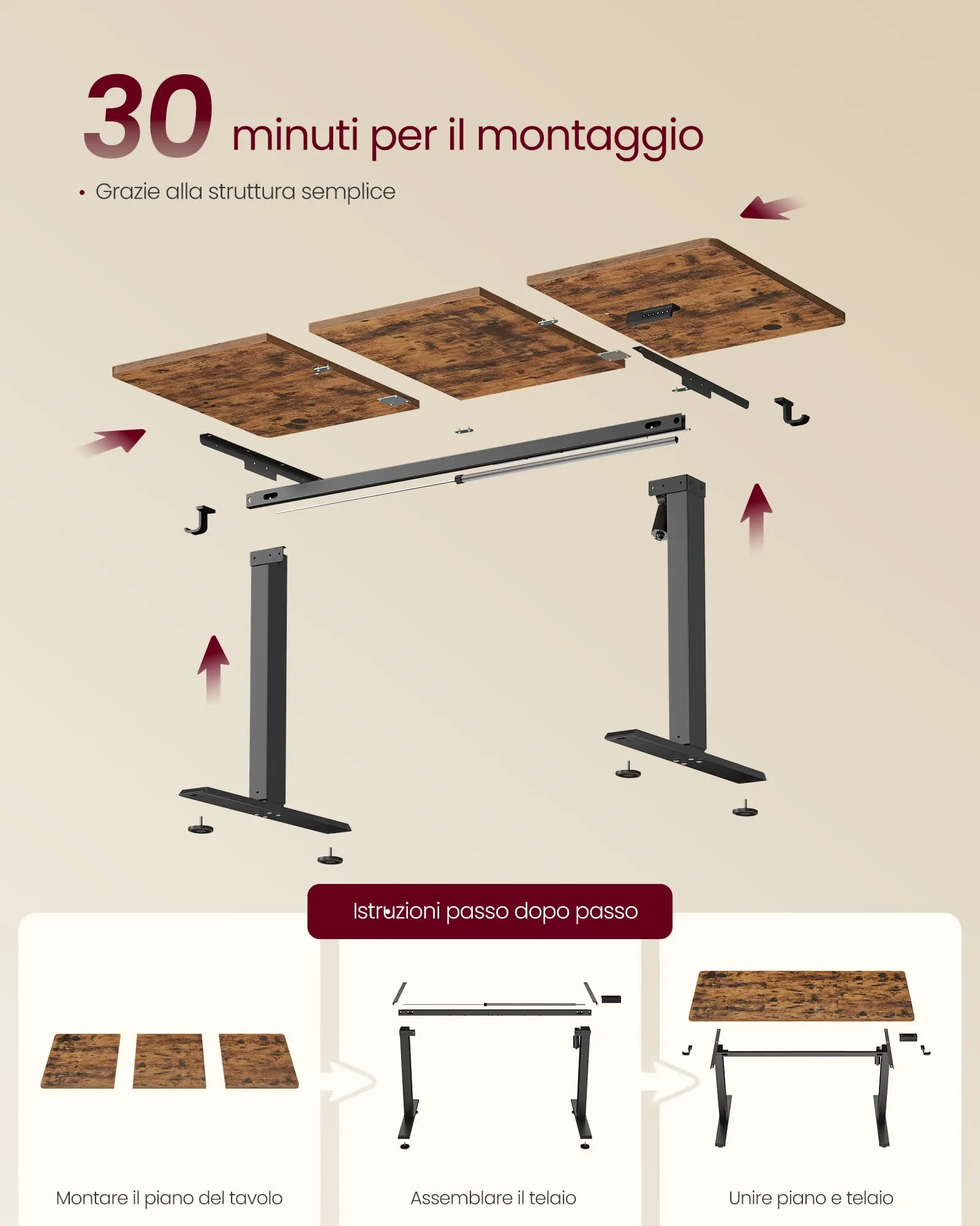 VASAGLE Scrivania Elettrica Regolabile in Altezza, 140x60x(72-120) cm, Marrone Vintage - immagine 7