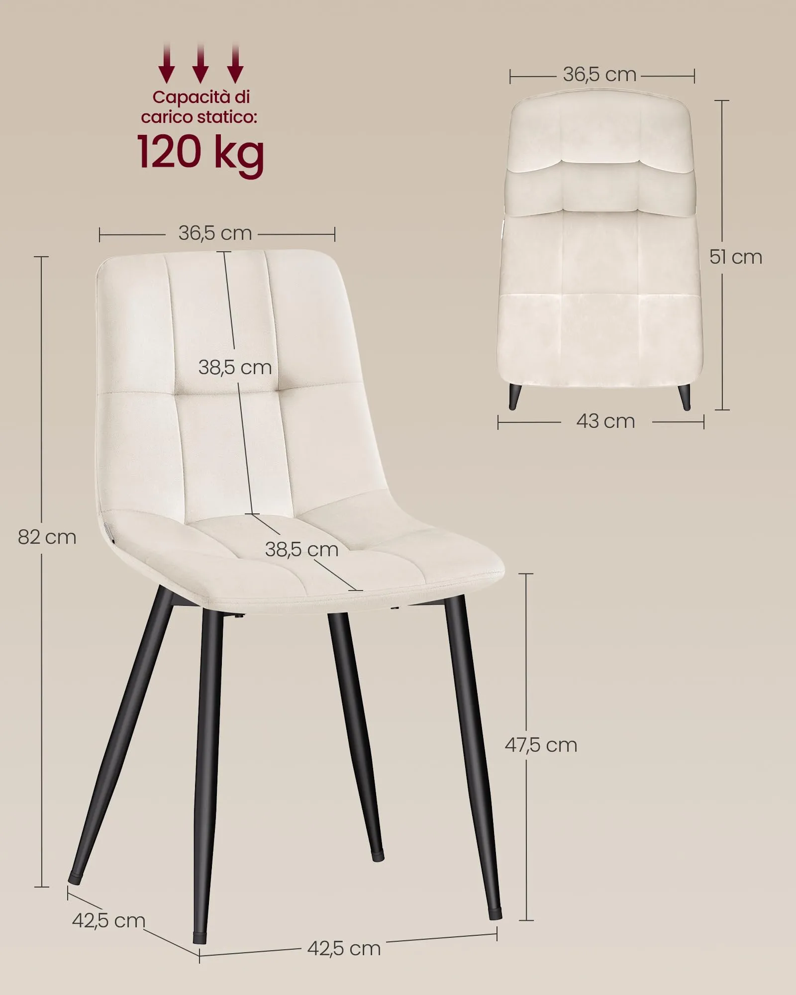 VASAGLE Sedie da Pranzo in Velluto, Set di 4, Beige Cappuccino KDC080LH01 - immagine 3