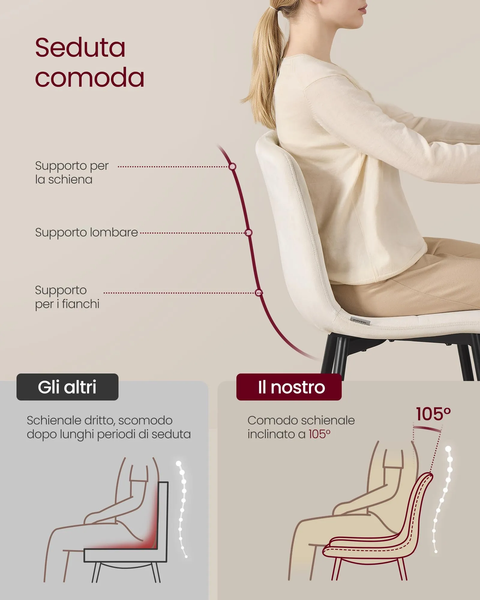 VASAGLE Sedie da Pranzo in Velluto, Set di 4, Beige Cappuccino KDC080LH01 - immagine 5