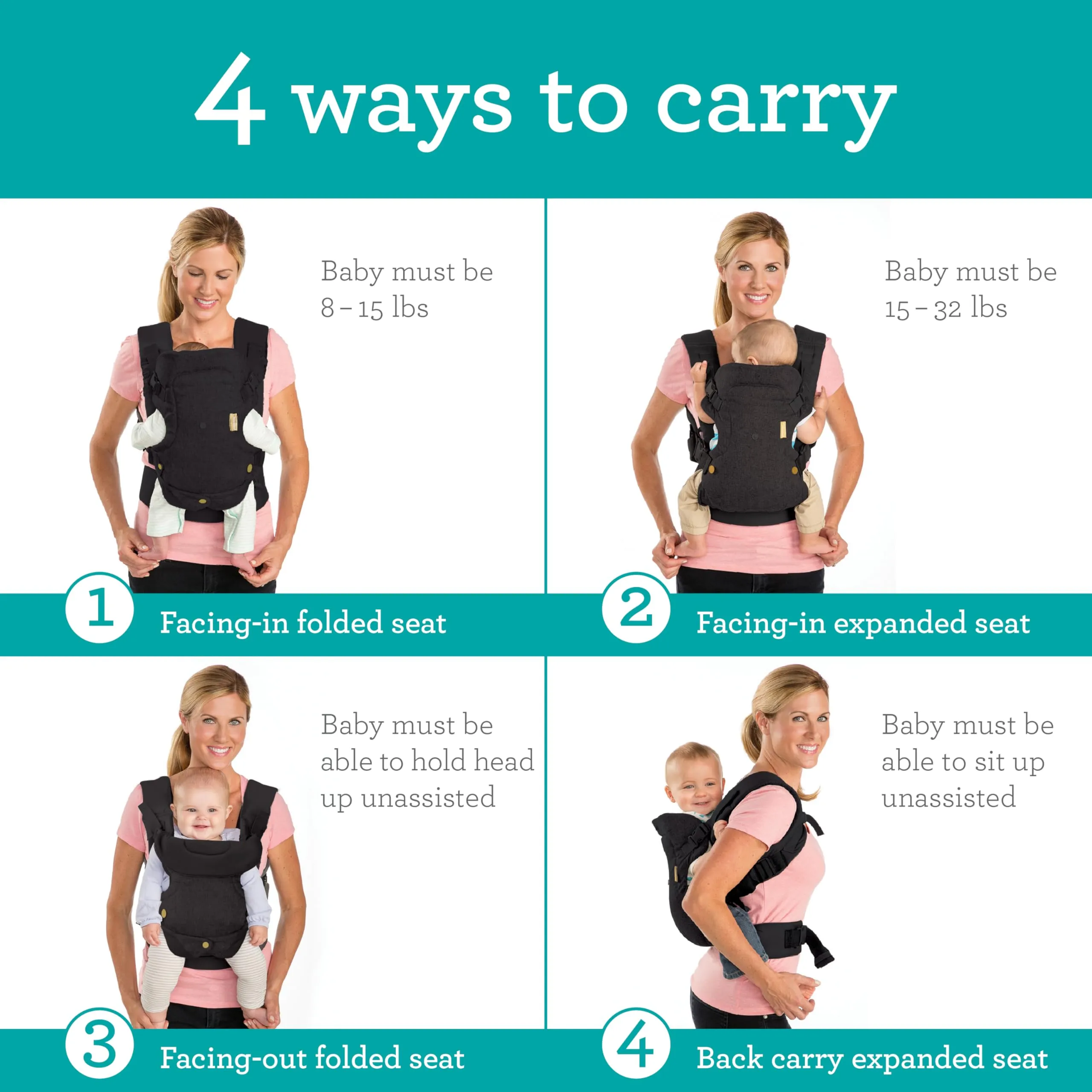 Infantino Flip Advanced Marsupio Neonato 4-in-1, Ergonomico e Convertibile, Trasporto Frontale e Dorsale, 3,6-14,5 kg, Nero e Oro - immagine 2